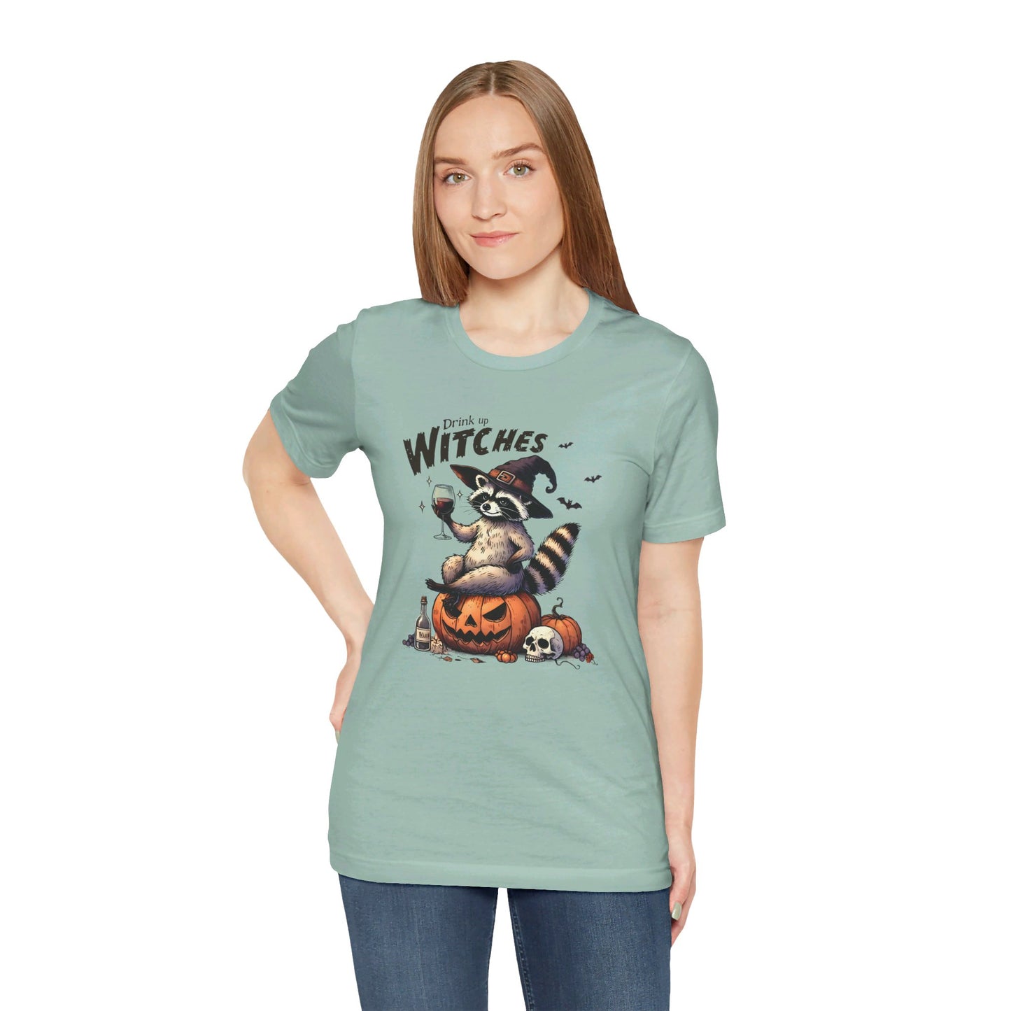 Drink Up Witches: Halloween Bella Canvas T-shirt with Raccoon