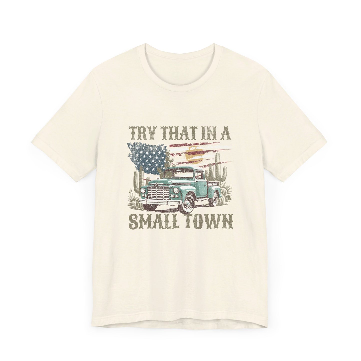 Small Town Pride: Bella Canvas T-shirt with Vintage Pickup and Flag