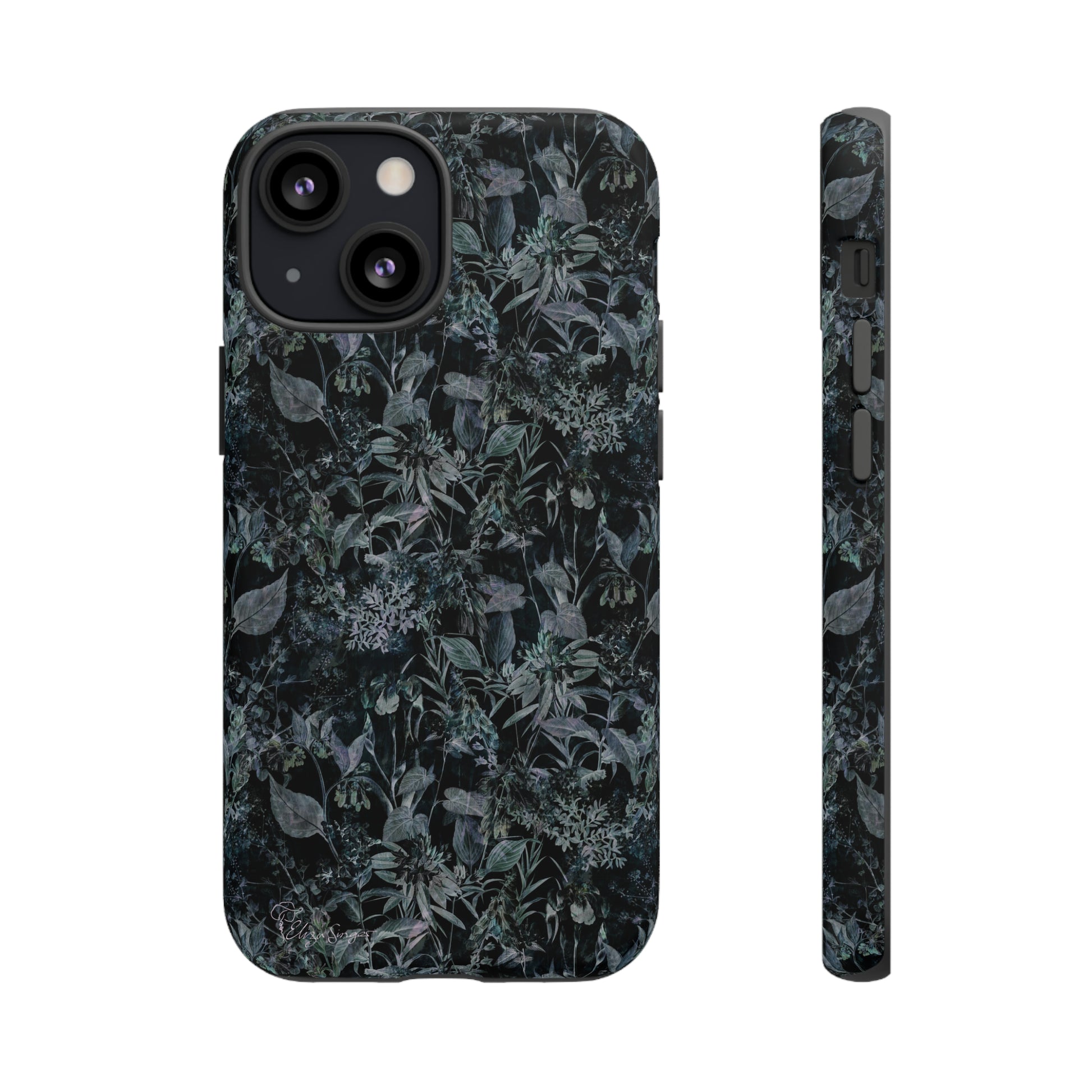 Blossom in Style: Botany Floral Dark Flowers Blue Denim iPhone Tough Protective Cover. This case features a Flower and Muted Grey Design, compatible with iPhone 15, 14, 13, XS, XR Pro/Max/Mini/P/Plus. Unleash Nature's Beauty with Style and Durability. #ElizaSinger #PhoneCase #FloralDesign