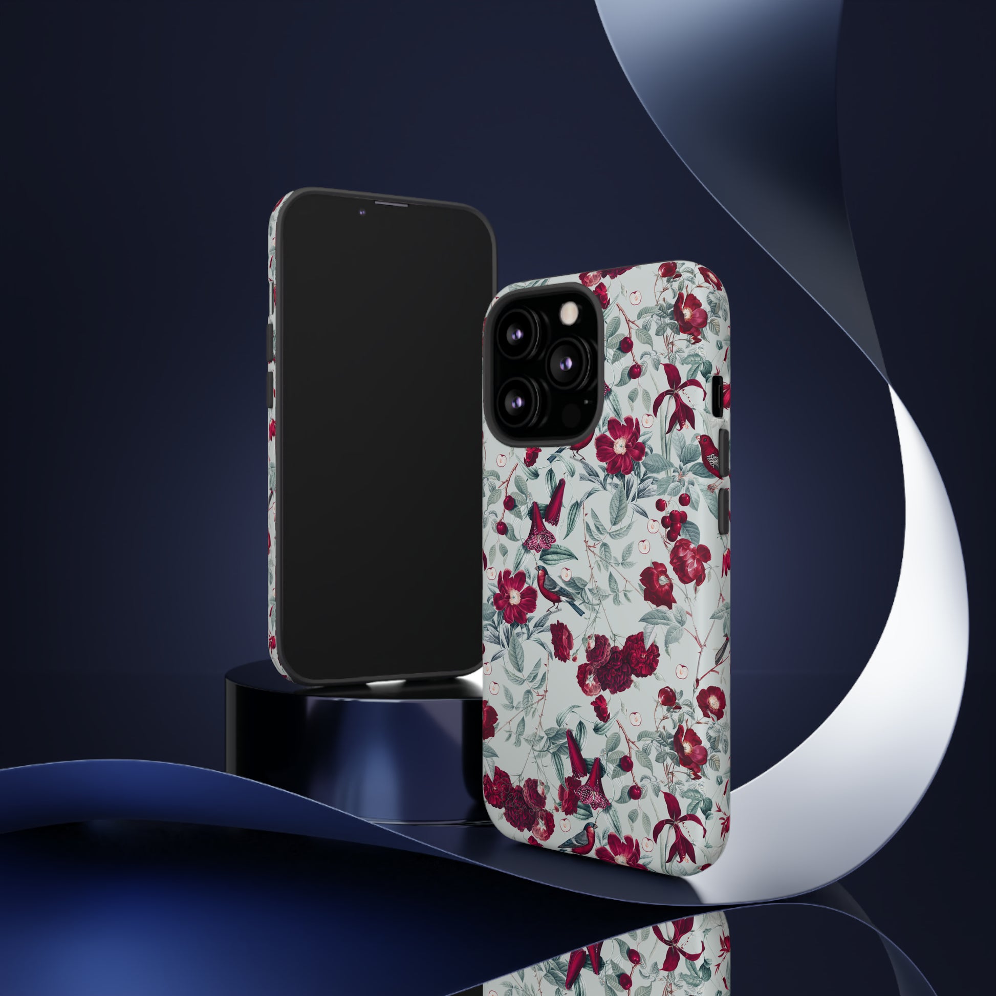 Cherry Blossom Serenade: Cherish nature's beauty with 'Cherry Blossom Serenade.' This iPhone case features flowers and burgundy birds on a blue background, creating a captivating floral wildlife bird and flower design. Elevate your device with this enchanting and stylish protective cover. #ElizaSinger #PhoneCase #FloralDesign