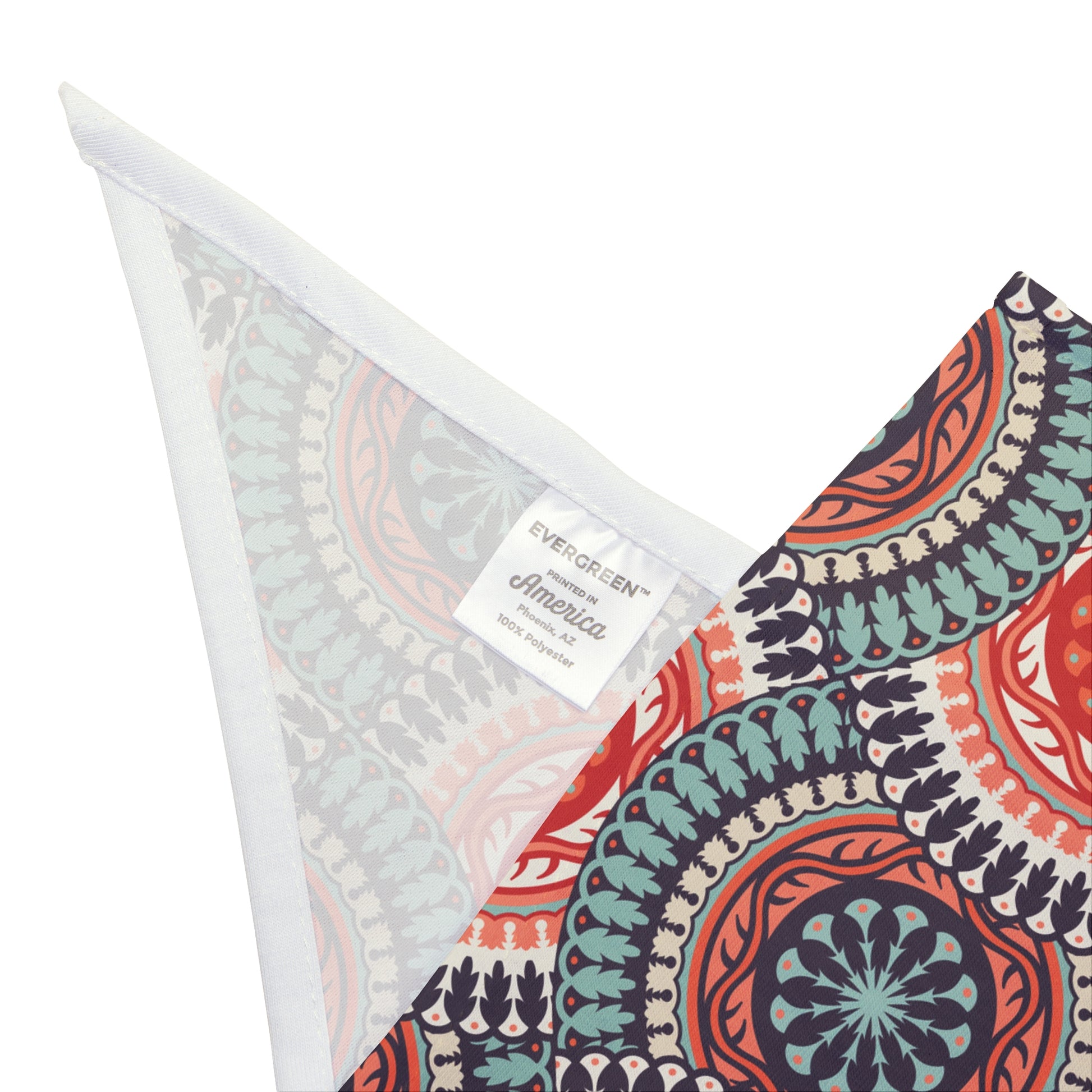 Step into a world of Western elegance with our Western Charm Dog Bandana/Wild Rag. The muted mandala-style design, almost resembling a Western concho, in colors of turquoise, coral, and dark purple creates a visually stunning and sophisticated accessory. Crafted from soft-spun polyester, this bandana/wild rag ensures both comfort