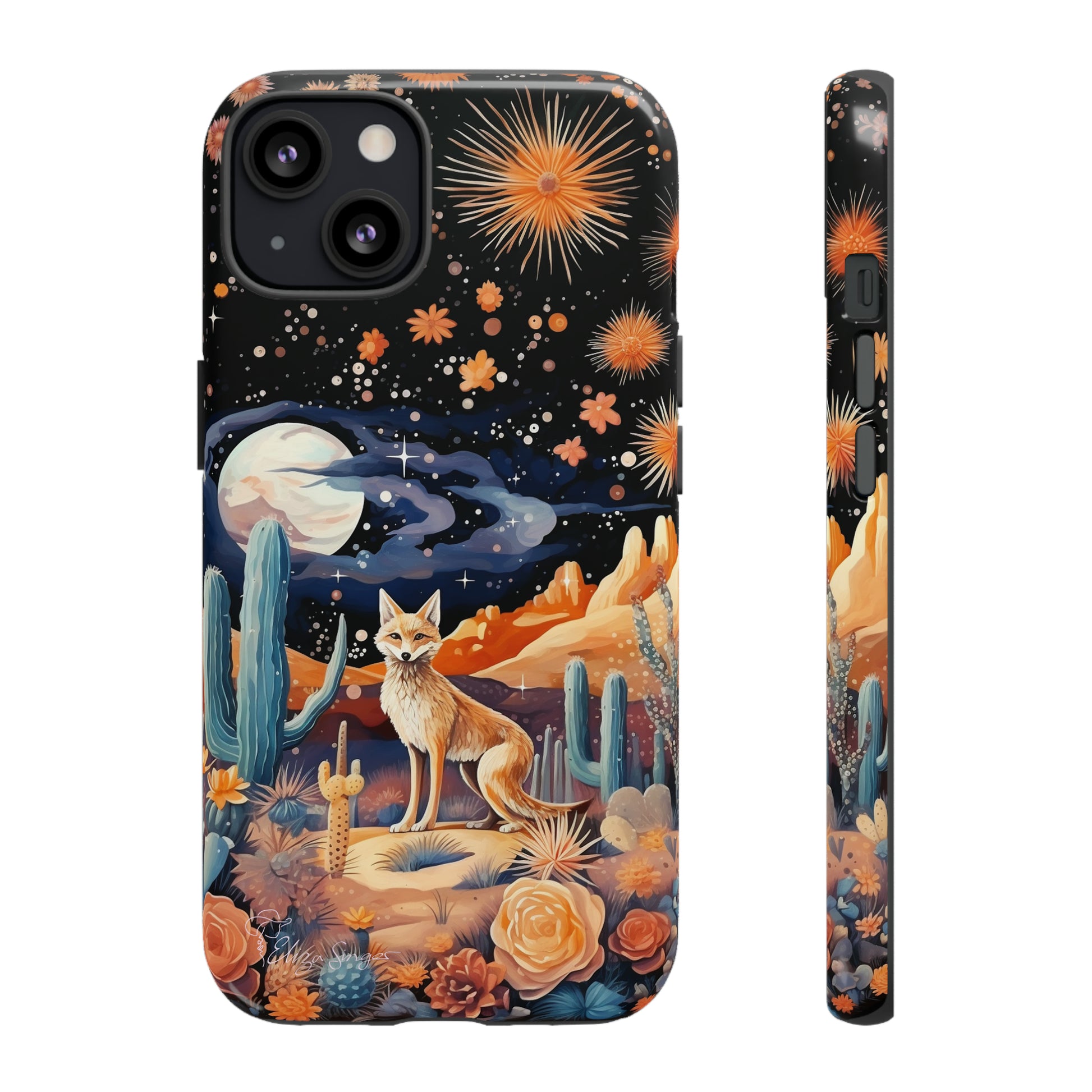 Introducing our Tough Western Cell Phone Case: Midnight Mirage Jackal Edition! Dive into the mysterious desert night with a striking depiction of a jackal, cacti, and a starry sky. This design offers the ideal combination of durability and desert charm.