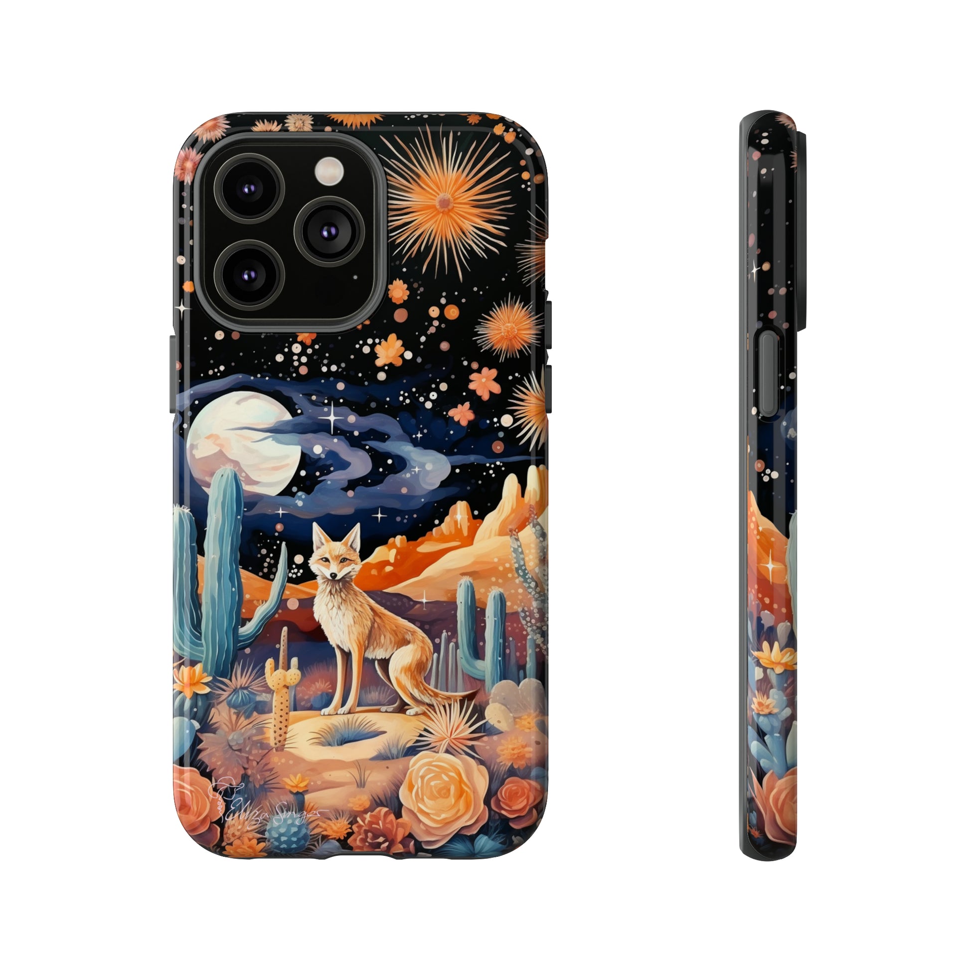 Introducing our Tough Western Cell Phone Case: Midnight Mirage Jackal Edition! Dive into the mysterious desert night with a striking depiction of a jackal, cacti, and a starry sky. This design offers the ideal combination of durability and desert charm.