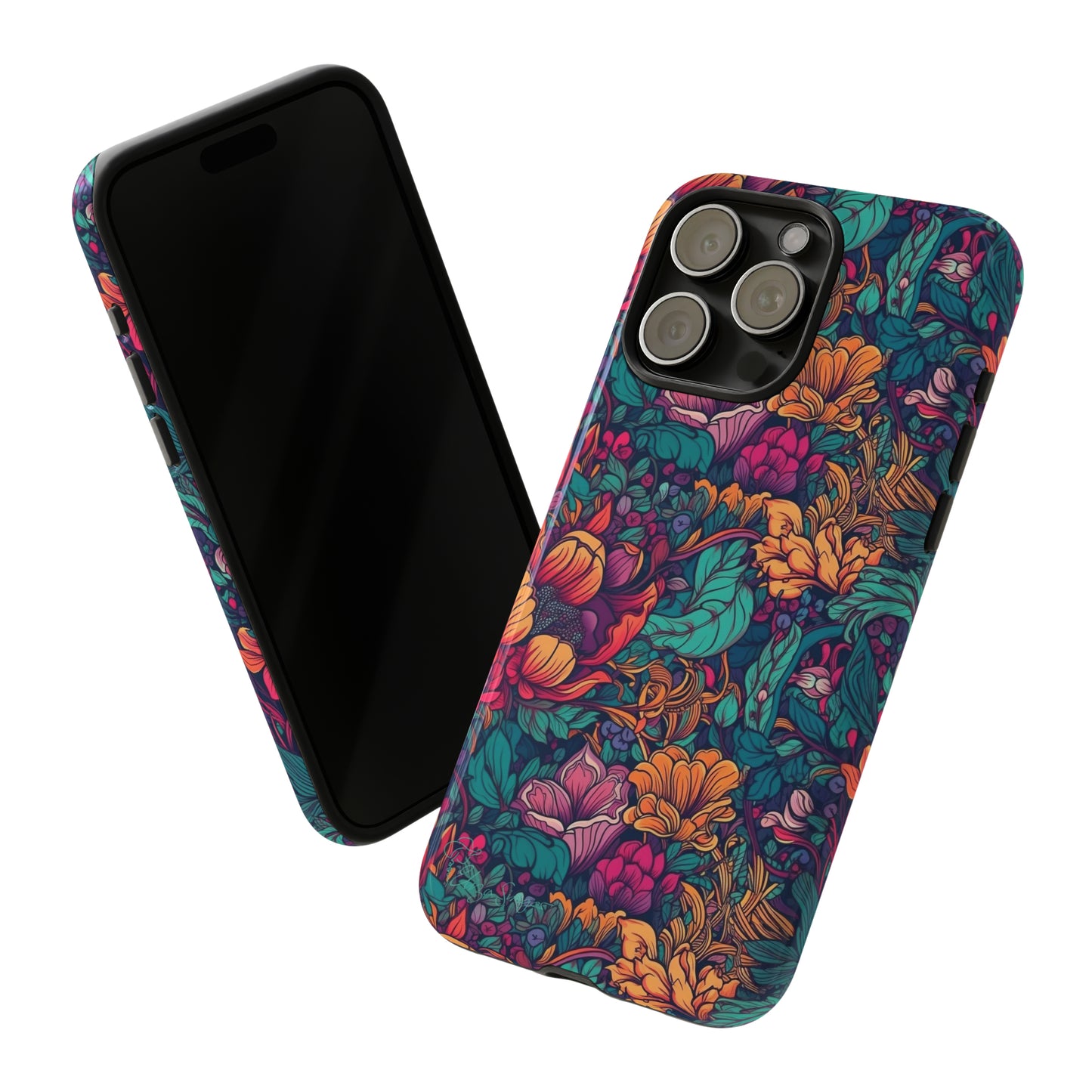 Vibrant Boho Blossoms: iPhone Tough Protective Cover. Featuring a bright abstract floral design, this case adds a touch of Bohemian flair. Compatible with iPhone 15, 14, 13, XS, XR Pro/Max/Mini/P/Plus. Embrace Boho Chic with Style and Durability. #ElizaSinger #PhoneCase #FloralDesign