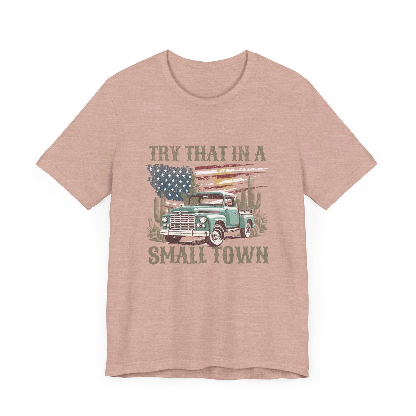 Small Town Pride: Bella Canvas T-shirt with Vintage Pickup and Flag