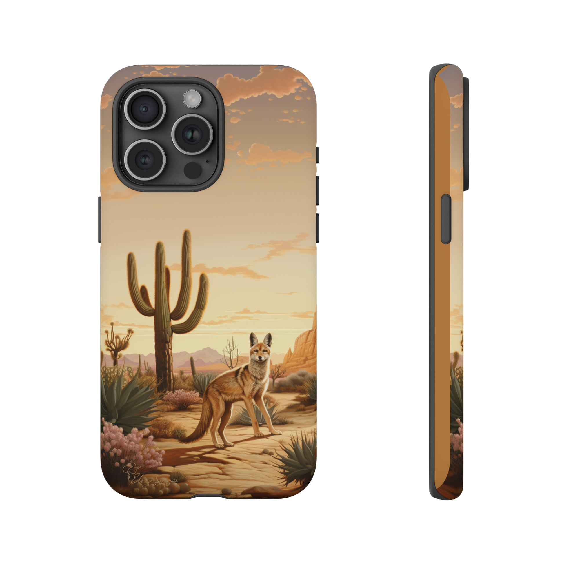 Unveiling our Western Tough Cell Phone Case: Dusk Jackal Oasis Edition! Witness the beauty of dusk with a jackal in a desert landscape next to a cactus. This design offers both rugged protection and a touch of twilight elegance.