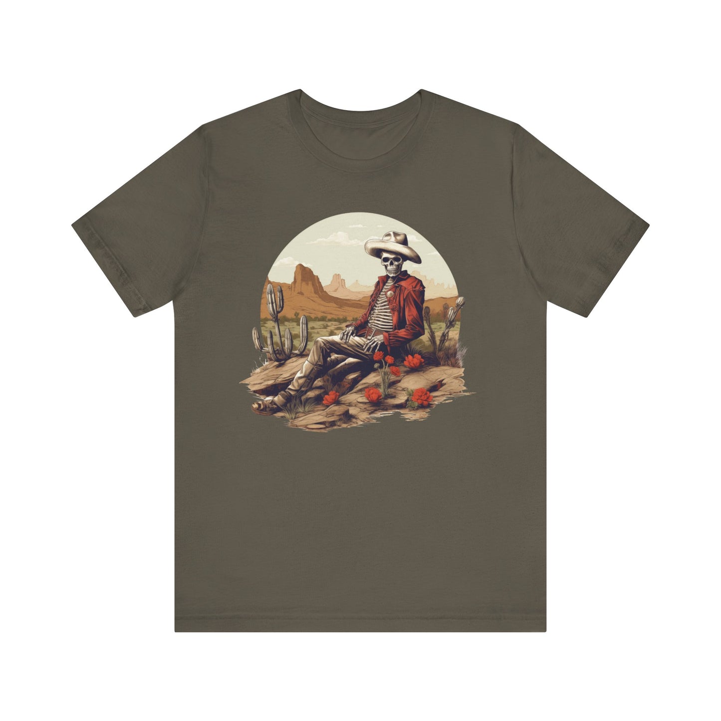 Skeleton Cowboy in Desert: Red Blazer Bella Canvas T-shirt