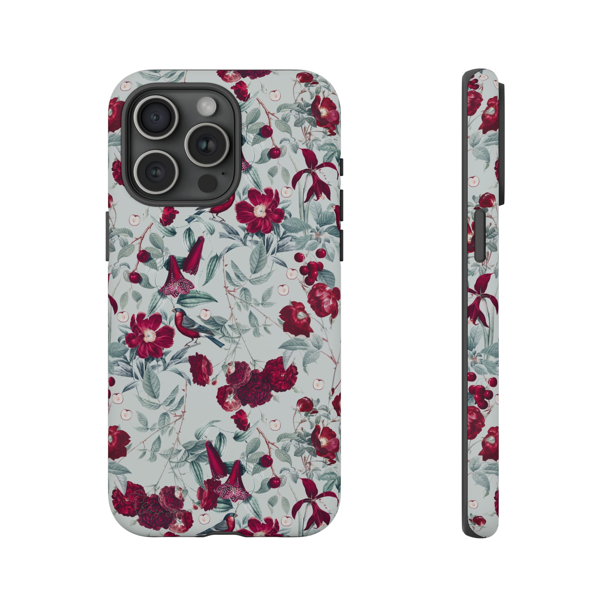 Cherry Blossom Serenade: Cherish nature's beauty with 'Cherry Blossom Serenade.' This iPhone case features flowers and burgundy birds on a blue background, creating a captivating floral wildlife bird and flower design. Elevate your device with this enchanting and stylish protective cover. #ElizaSinger #PhoneCase #FloralDesign