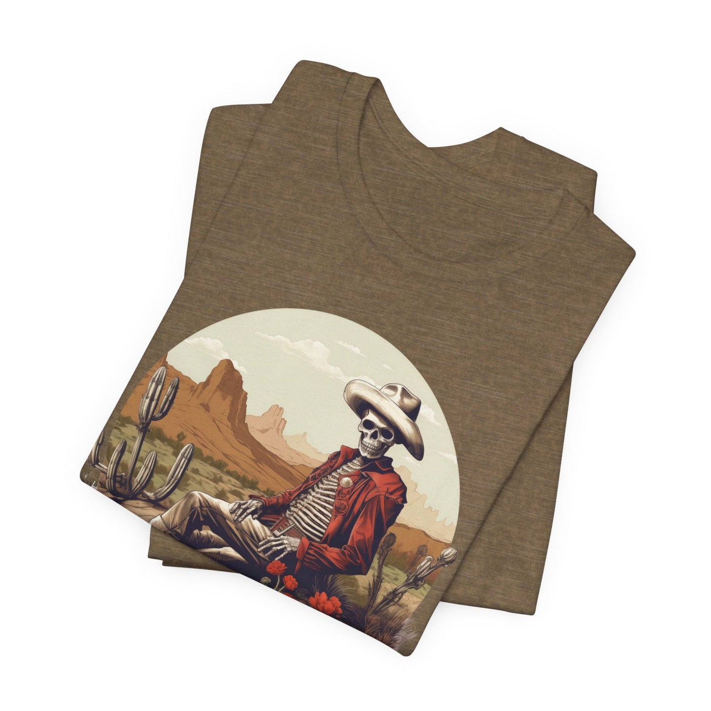 Skeleton Cowboy in Desert: Red Blazer Bella Canvas T-shirt
