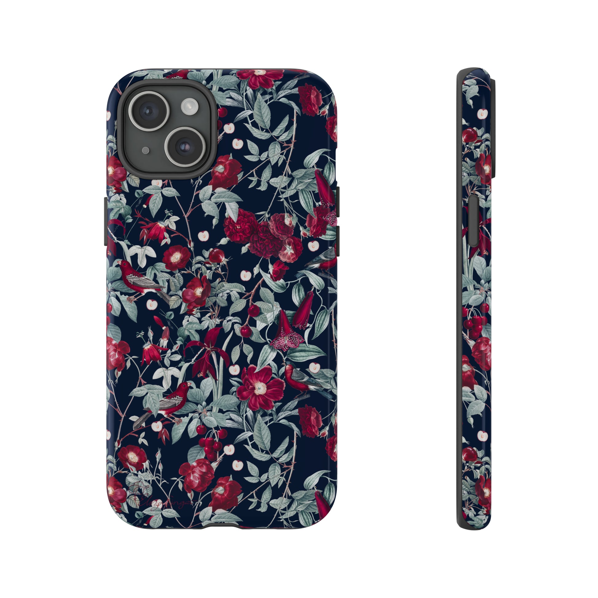 Blossom Serenade: Cherry Blossom Serenade Burgundy Navy Dark iPhone Tough Protective Cover. A captivating blend of Flowers in burgundy and navy hues, featuring a muted design. Compatible with iPhone 15, 14, 13, XS, XR Pro/Max/Mini/P/Plus. Elevate your device with this enchanting and stylish protective cover. #ElizaSinger #PhoneCase #FloralDesign