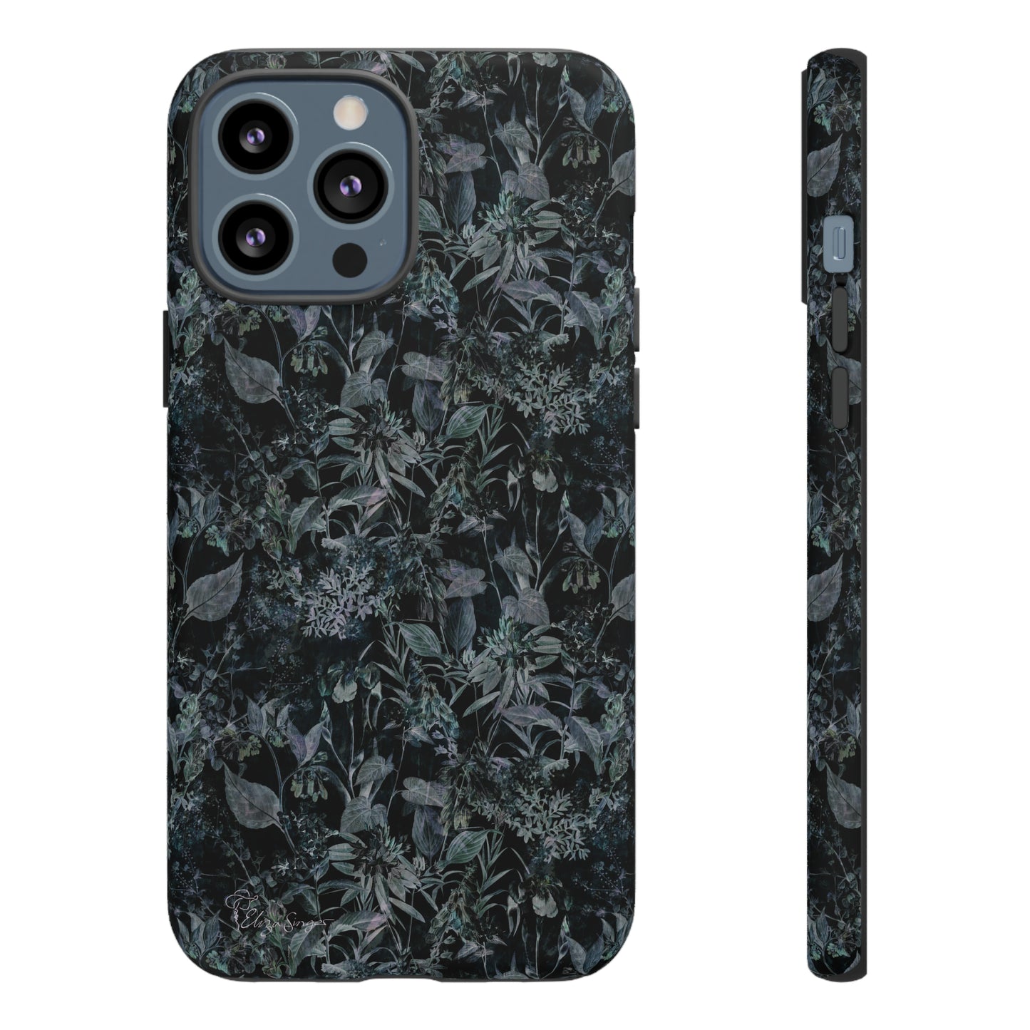 Blossom in Style: Botany Floral Dark Flowers Blue Denim iPhone Tough Protective Cover. This case features a Flower and Muted Grey Design, compatible with iPhone 15, 14, 13, XS, XR Pro/Max/Mini/P/Plus. Unleash Nature's Beauty with Style and Durability. #ElizaSinger #PhoneCase #FloralDesign