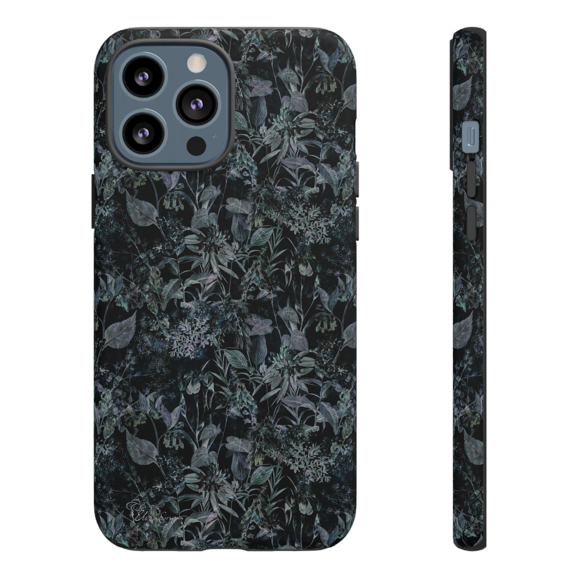 Blossom in Style: Botany Floral Dark Flowers Blue Denim iPhone Tough Protective Cover. This case features a Flower and Muted Grey Design, compatible with iPhone 15, 14, 13, XS, XR Pro/Max/Mini/P/Plus. Unleash Nature's Beauty with Style and Durability. #ElizaSinger #PhoneCase #FloralDesign