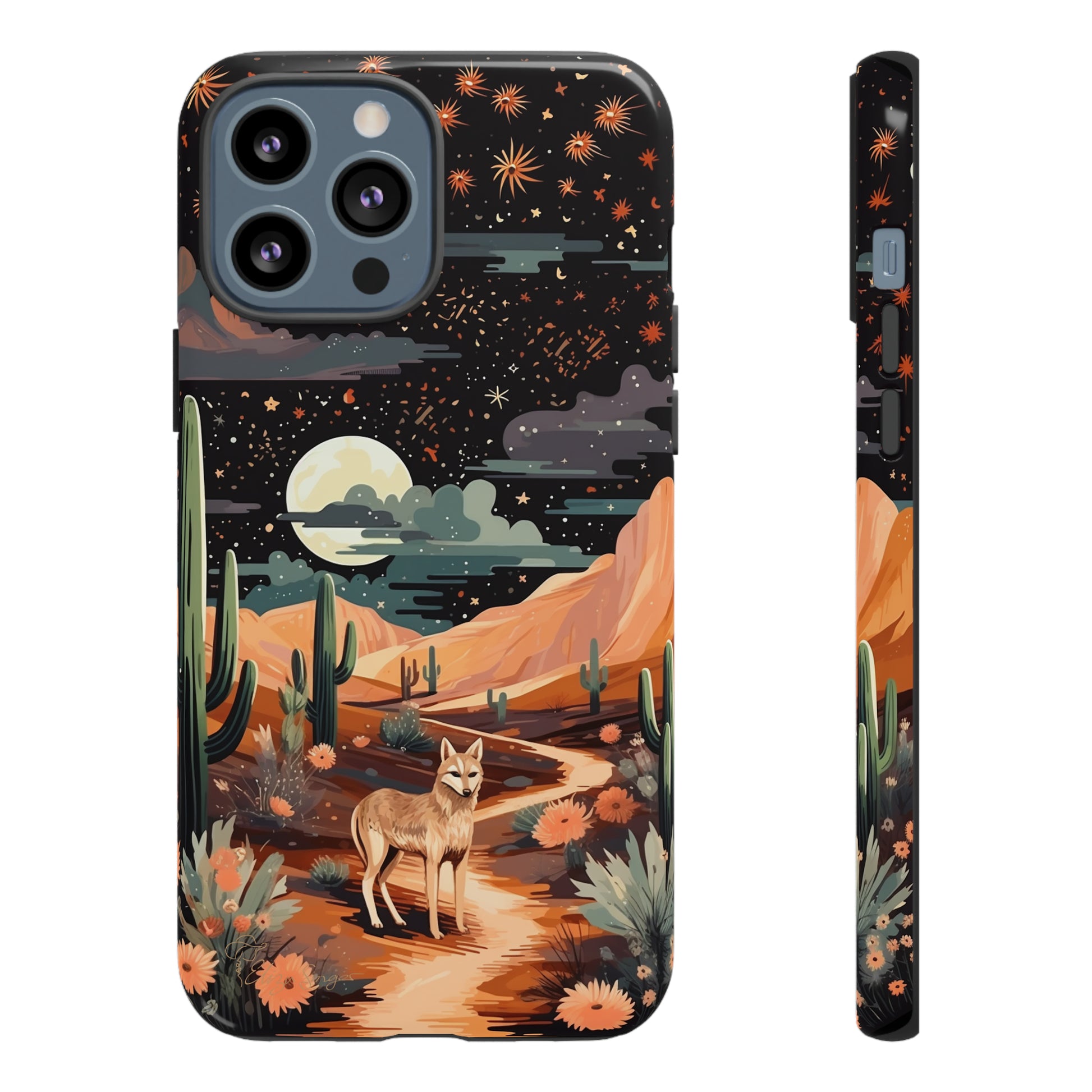 Unveiling our Tough Western Cell Phone Case: Stellar Desert Jackal Edition! Embrace the beauty of the night with a jackal in a desert landscape, under a starry sky, surrounded by cacti. This case provides rugged protection with a touch of celestial elegance.