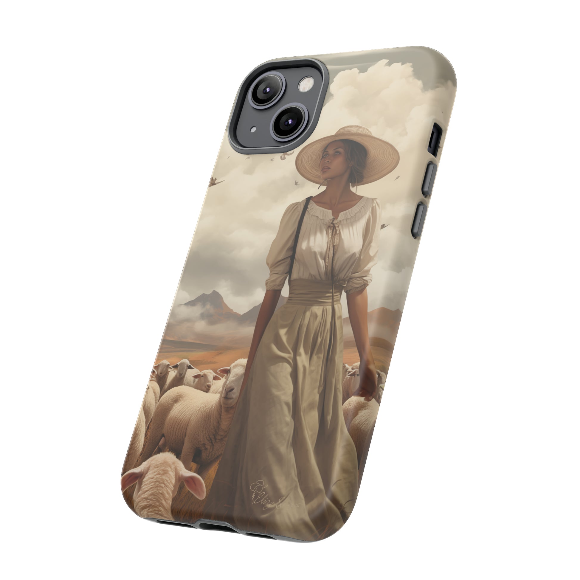 Immerse yourself in a dreamy landscape with our Tough Western Cell Phone Case showcasing a vintage painted design of a woman wearing a hat, walking through a prairie landscape with sheep behind her. Experience the magic of the past with this edition.