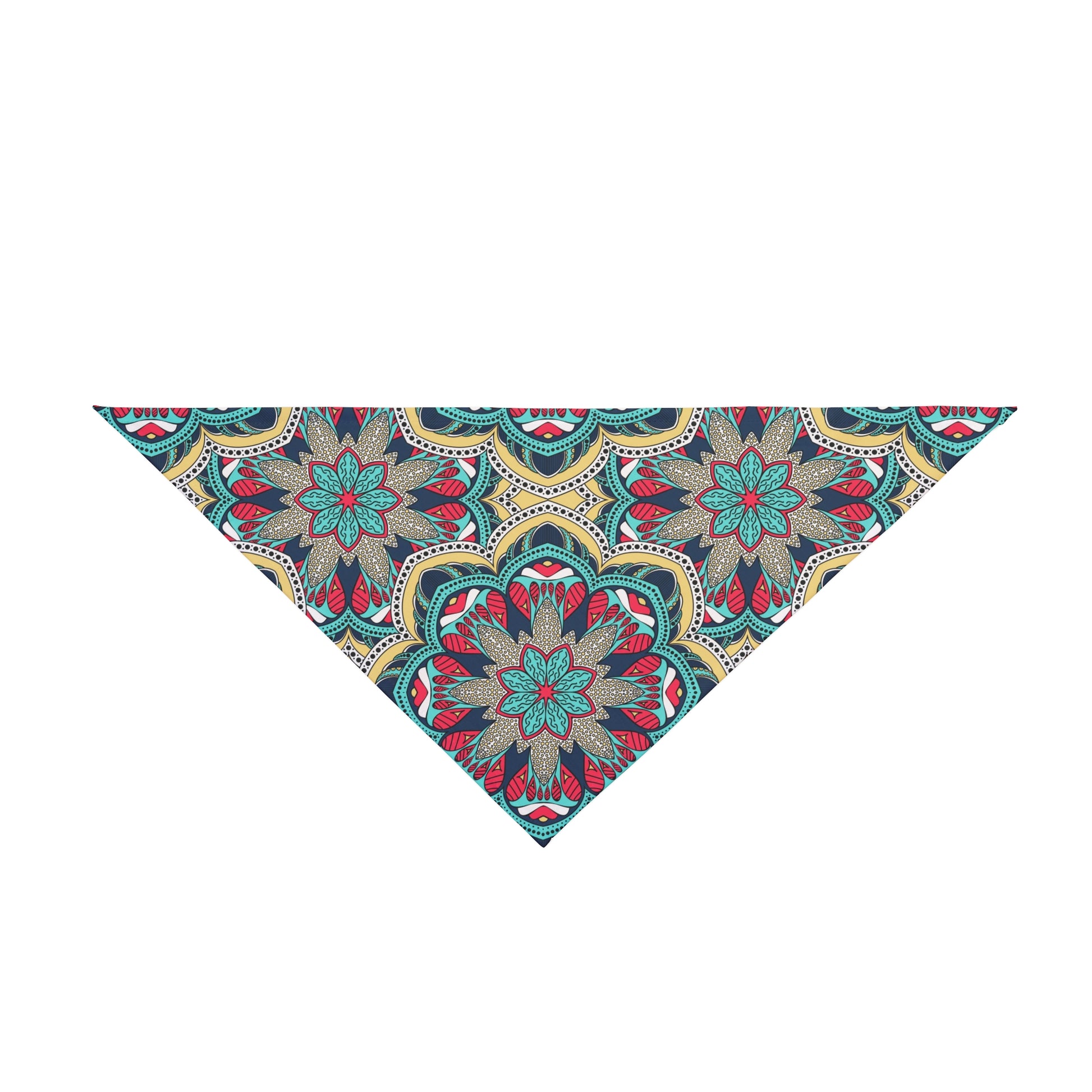 Introducing our Mandala Majesty Dog Bandana/Wild Rag - a perfect blend of western aesthetics with vibrant mandala art. The intricate design in red, turquoise, yellow, and grey creates a stunning visual appeal. Made from soft-spun polyester, this wild rag ensures comfort and durability for your furry companion. Elevate your dog's style and make heads turn on every adventure. Exclusively available at Eliza Singer.