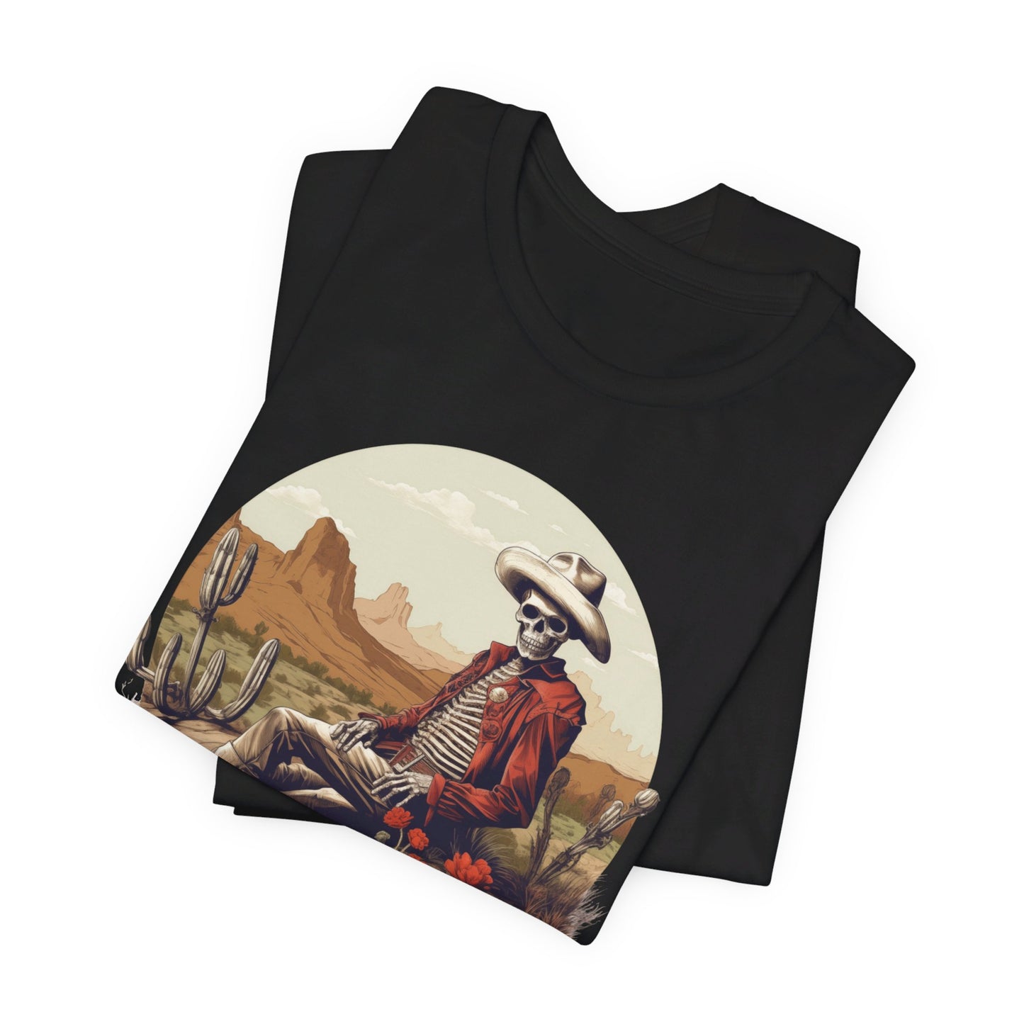 Skeleton Cowboy in Desert: Red Blazer Bella Canvas T-shirt