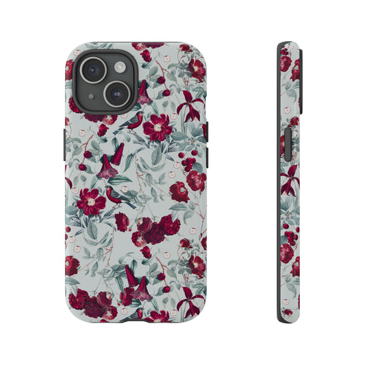 Cherry Blossom Serenade: Cherish nature's beauty with 'Cherry Blossom Serenade.' This iPhone case features flowers and burgundy birds on a blue background, creating a captivating floral wildlife bird and flower design. Elevate your device with this enchanting and stylish protective cover. #ElizaSinger #PhoneCase #FloralDesign