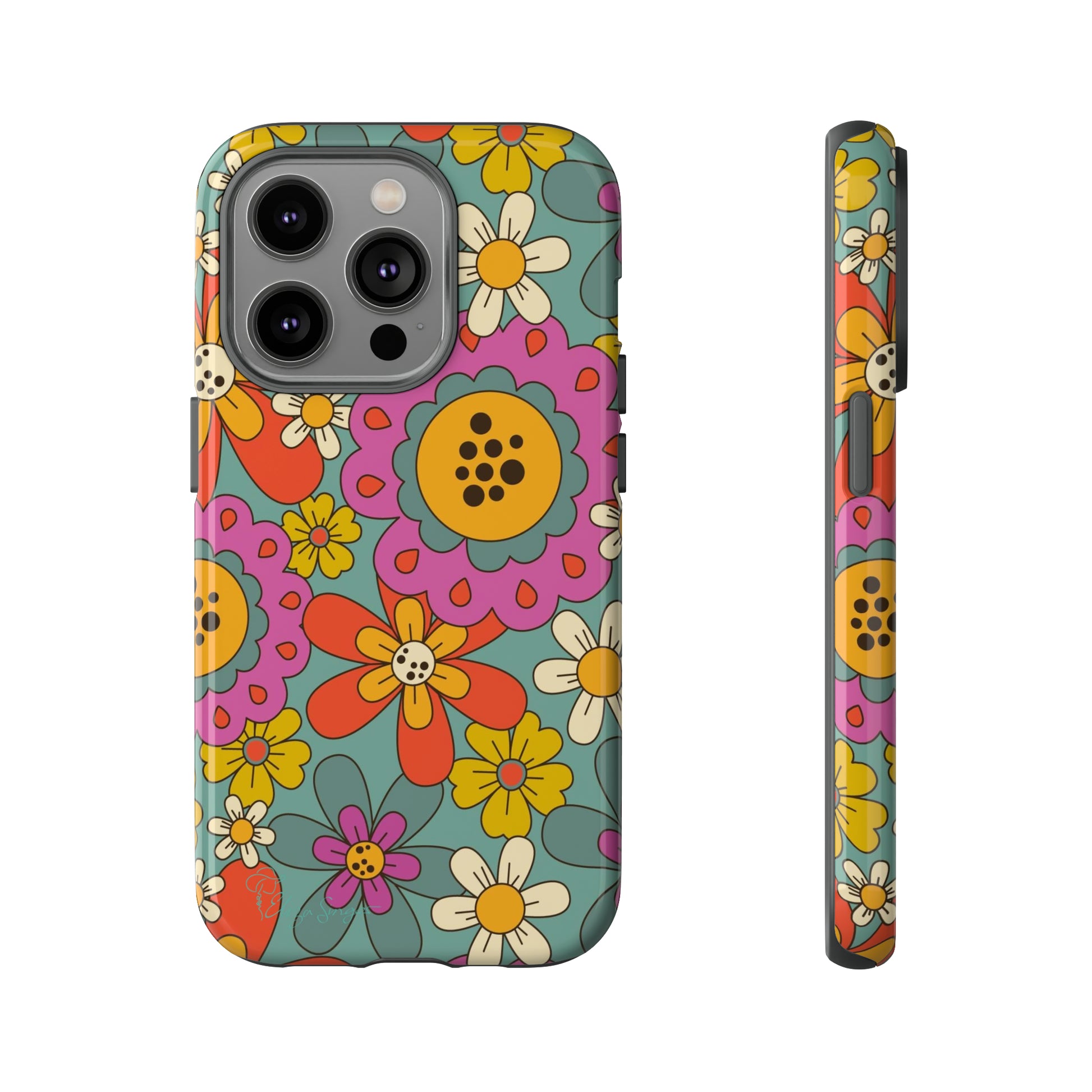 Step into the Groove: Groovy Hippie Hippy Design iPhone Tough Protective Cover. A nod to the 60's with Daisy Design in Turquoise and Pink. Compatible with iPhone 15, 14, 13, XS, XR Pro/Max/Mini/P/Plus. Embrace Retro Vibes with Style and Durability. #ElizaSinger #PhoneCase #GroovyDesign 