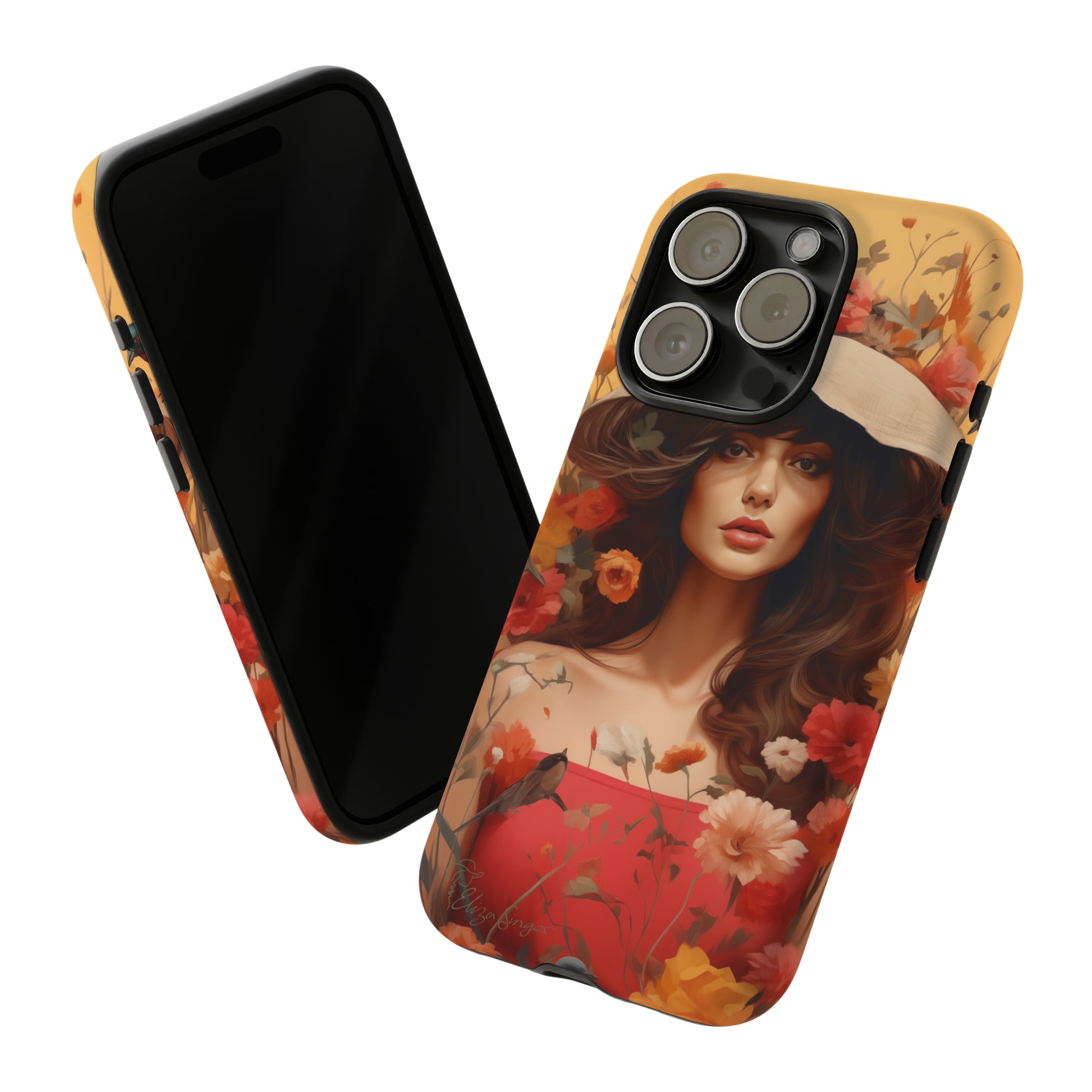 Bask in Sunshine: Embrace the warmth with our Tough Cell Phone Case. A yellow backdrop and a woman in a hat surrounded by flowers create a radiant design. Experience the perfect blend of style and protection, bringing sunshine into your everyday. Elevate your phone with a burst of brightness. #ElizaSinger #PhoneCase #SunshineRadiance