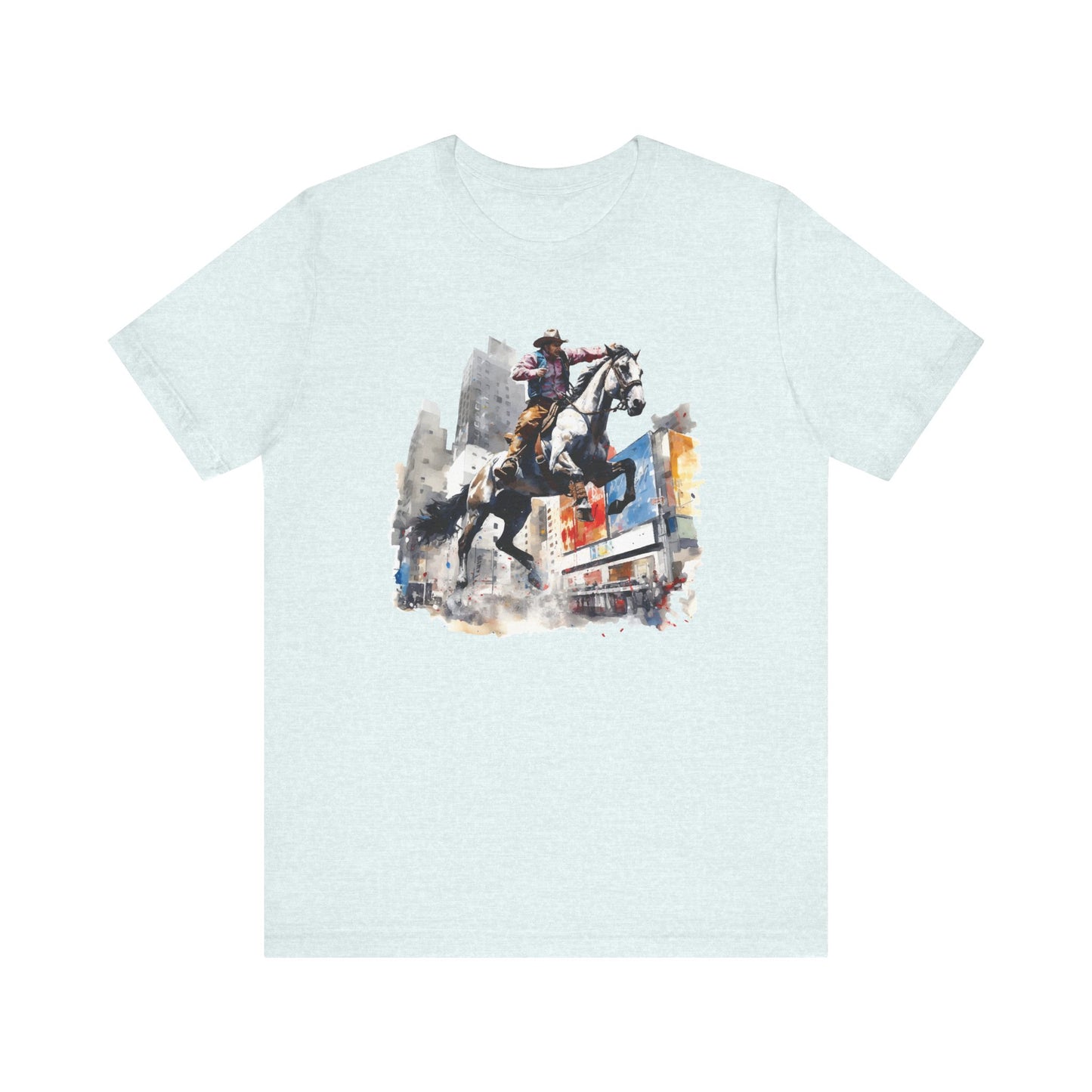 City Rodeo: Bella Canvas T-shirt with Cowboy in Urban Landscape