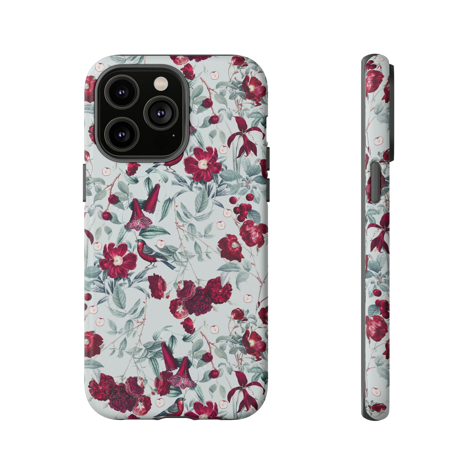 Cherry Blossom Serenade: Cherish nature's beauty with 'Cherry Blossom Serenade.' This iPhone case features flowers and burgundy birds on a blue background, creating a captivating floral wildlife bird and flower design. Elevate your device with this enchanting and stylish protective cover. #ElizaSinger #PhoneCase #FloralDesign