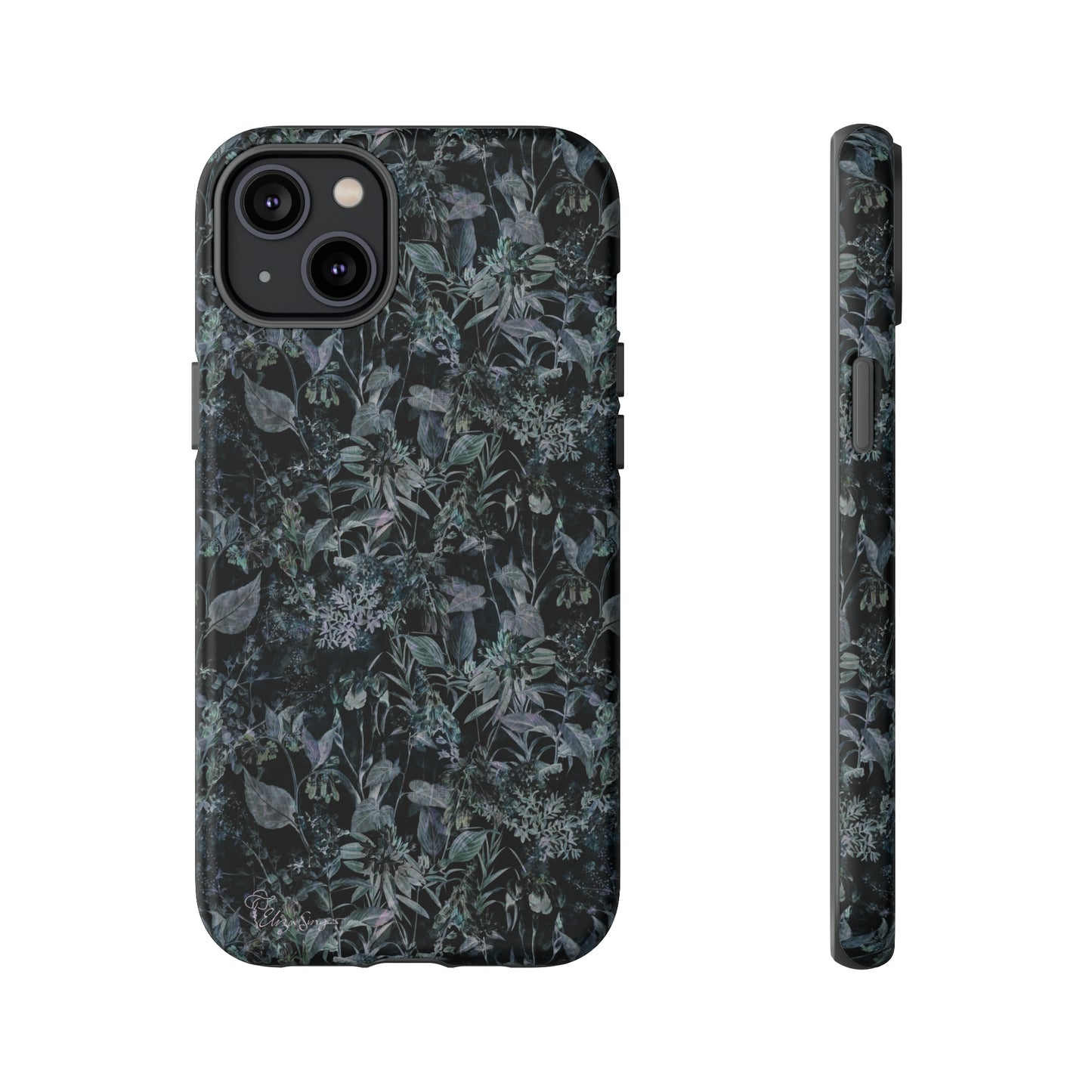 Blossom in Style: Botany Floral Dark Flowers Blue Denim iPhone Tough Protective Cover. This case features a Flower and Muted Grey Design, compatible with iPhone 15, 14, 13, XS, XR Pro/Max/Mini/P/Plus. Unleash Nature's Beauty with Style and Durability. #ElizaSinger #PhoneCase #FloralDesign