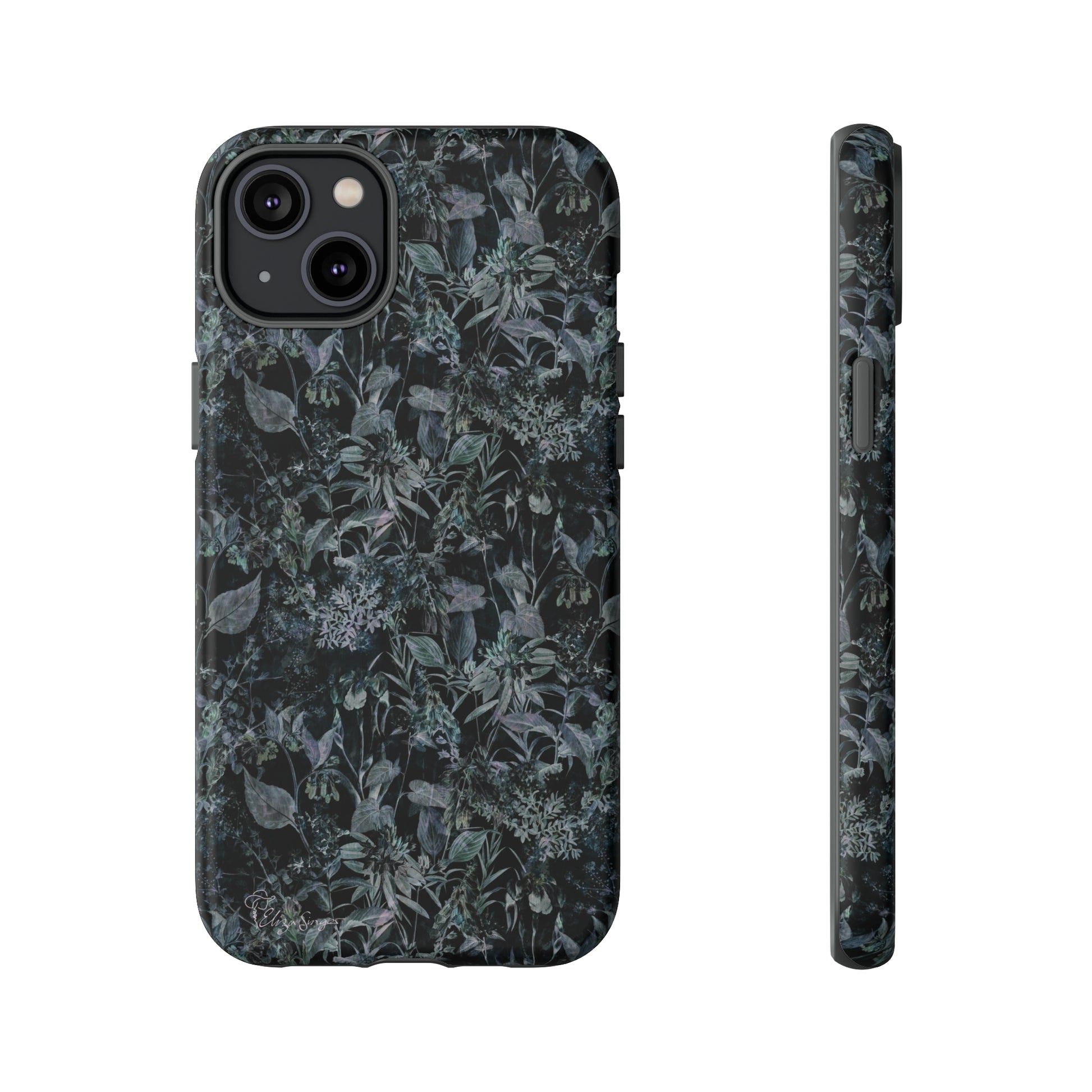Blossom in Style: Botany Floral Dark Flowers Blue Denim iPhone Tough Protective Cover. This case features a Flower and Muted Grey Design, compatible with iPhone 15, 14, 13, XS, XR Pro/Max/Mini/P/Plus. Unleash Nature's Beauty with Style and Durability. #ElizaSinger #PhoneCase #FloralDesign