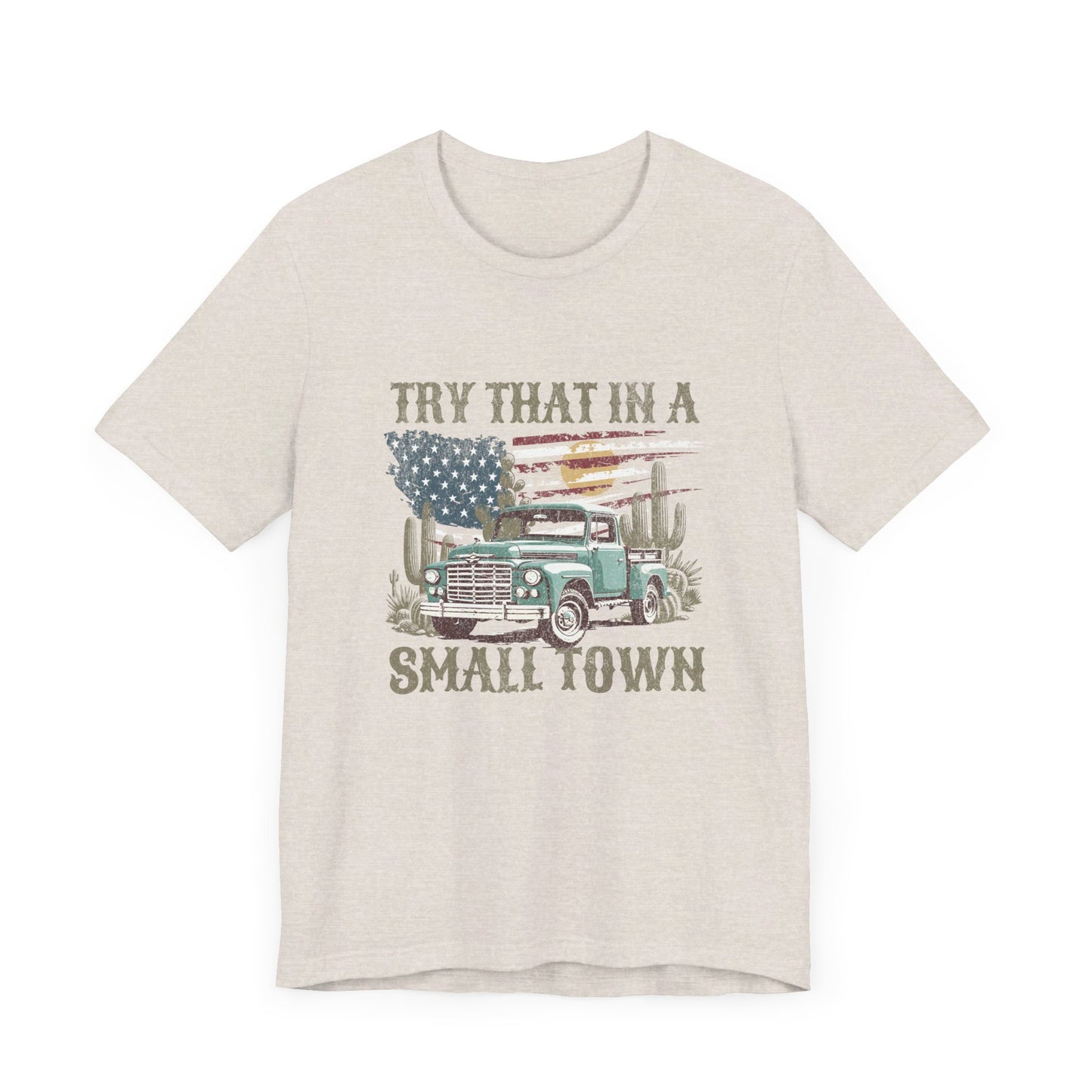 Small Town Pride: Bella Canvas T-shirt with Vintage Pickup and Flag