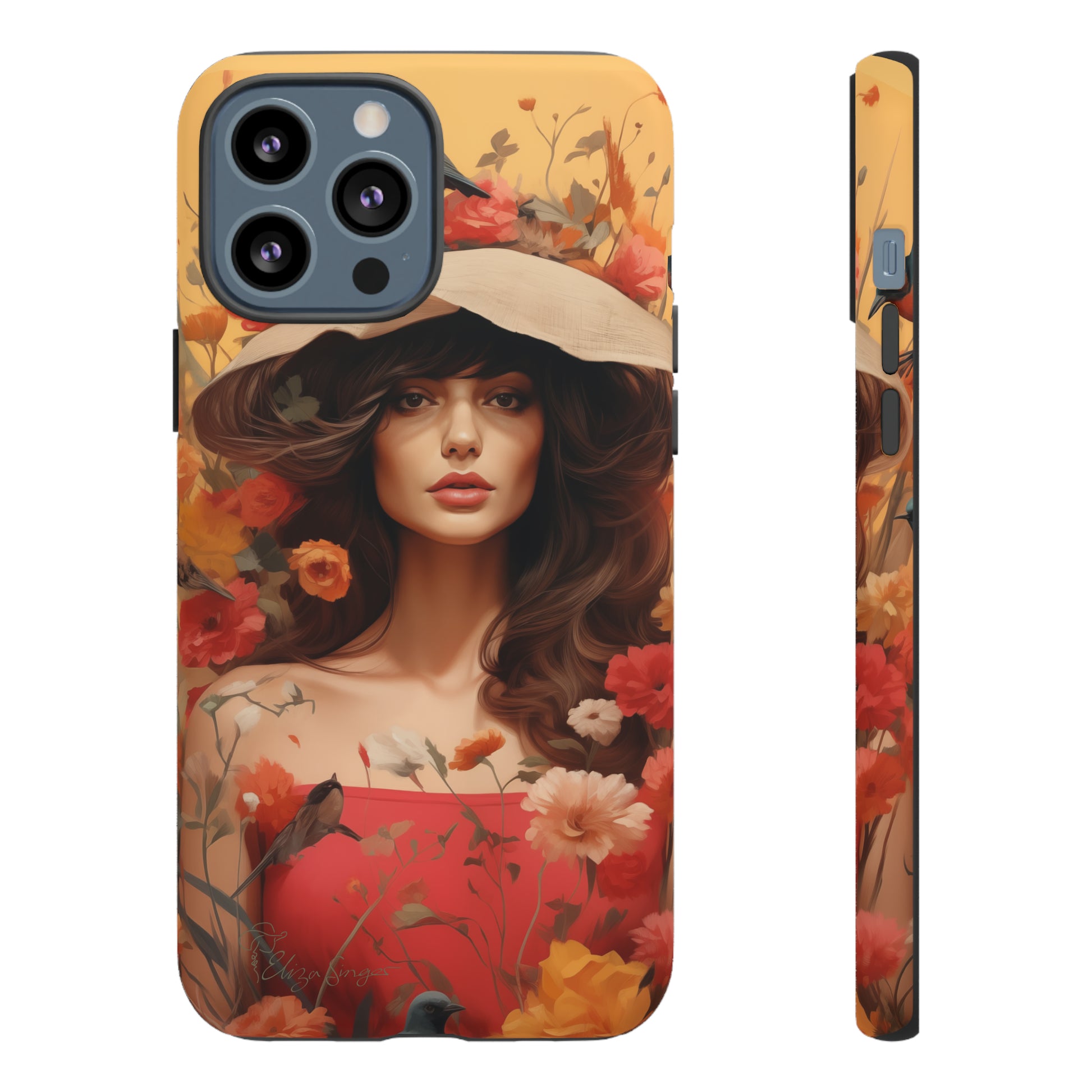 Bask in Sunshine: Embrace the warmth with our Tough Cell Phone Case. A yellow backdrop and a woman in a hat surrounded by flowers create a radiant design. Experience the perfect blend of style and protection, bringing sunshine into your everyday. Elevate your phone with a burst of brightness. #ElizaSinger #PhoneCase #SunshineRadiance
