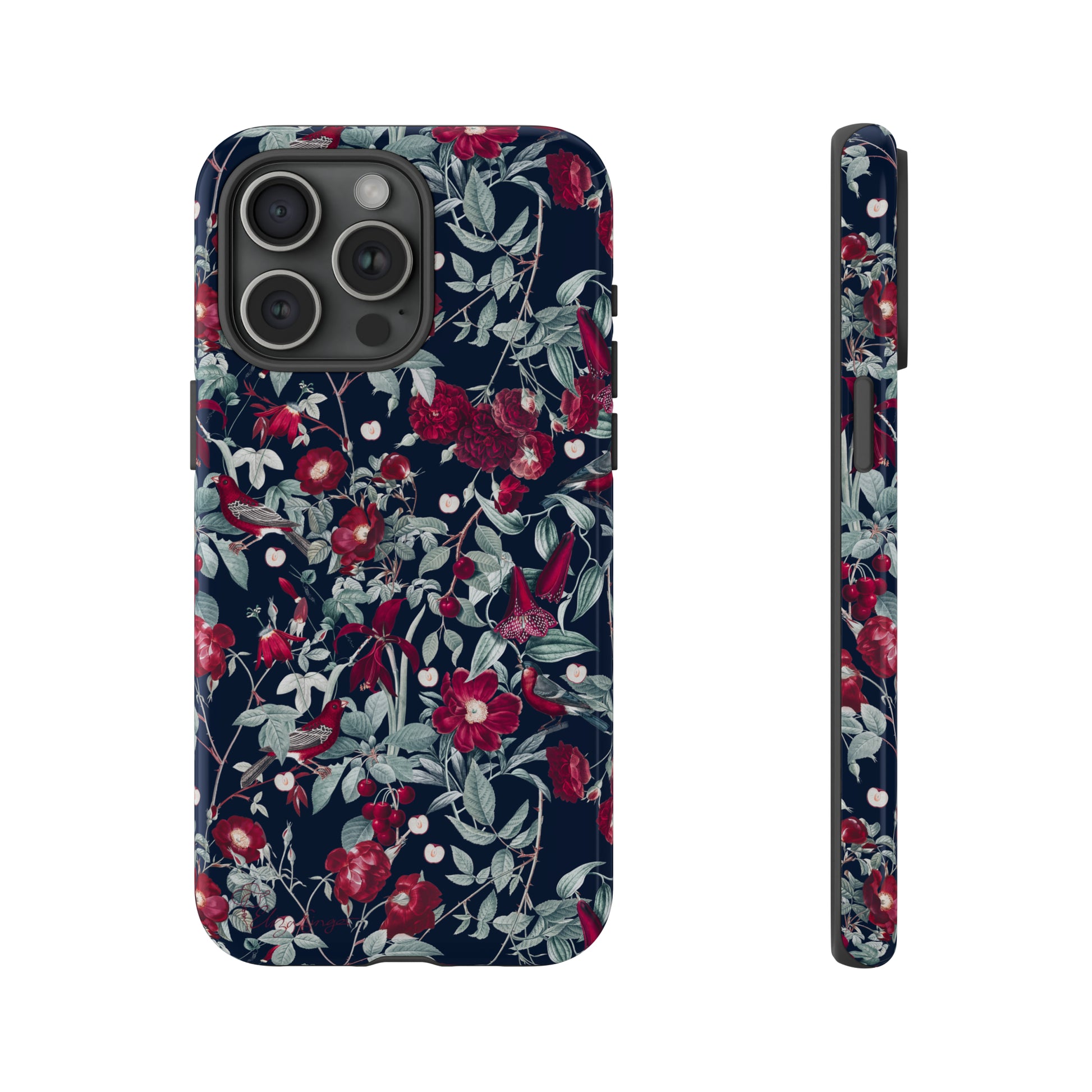 Blossom Serenade: Cherry Blossom Serenade Burgundy Navy Dark iPhone Tough Protective Cover. A captivating blend of Flowers in burgundy and navy hues, featuring a muted design. Compatible with iPhone 15, 14, 13, XS, XR Pro/Max/Mini/P/Plus. Elevate your device with this enchanting and stylish protective cover. #ElizaSinger #PhoneCase #FloralDesign