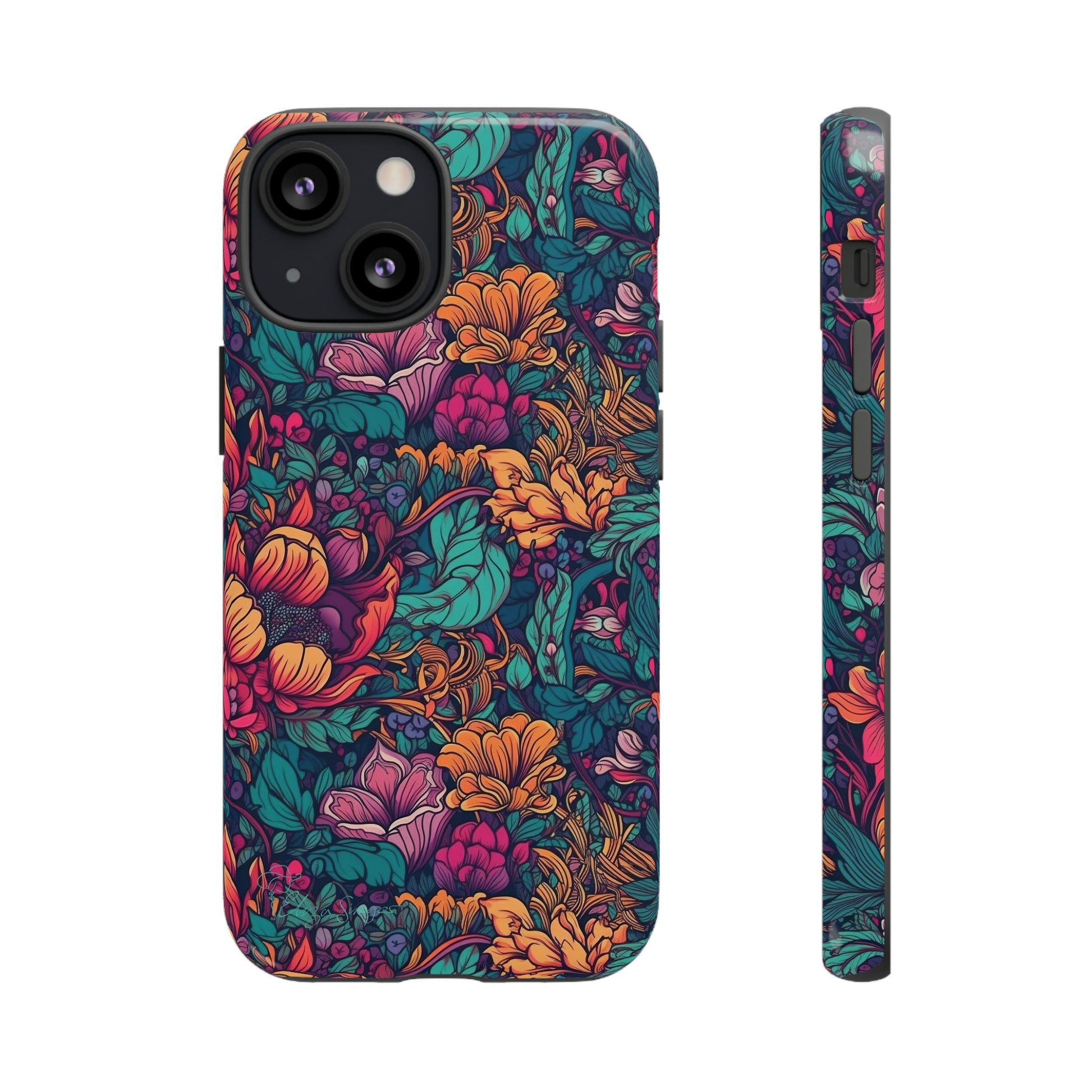Vibrant Boho Blossoms: iPhone Tough Protective Cover. Featuring a bright abstract floral design, this case adds a touch of Bohemian flair. Compatible with iPhone 15, 14, 13, XS, XR Pro/Max/Mini/P/Plus. Embrace Boho Chic with Style and Durability. #ElizaSinger #PhoneCase #FloralDesign
