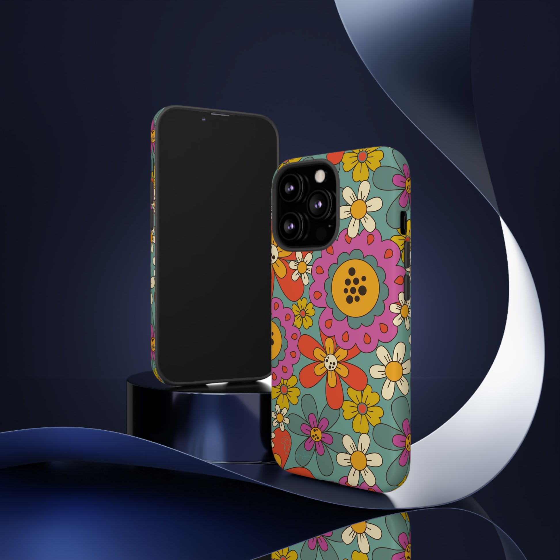 Step into the Groove: Groovy Hippie Hippy Design iPhone Tough Protective Cover. A nod to the 60's with Daisy Design in Turquoise and Pink. Compatible with iPhone 15, 14, 13, XS, XR Pro/Max/Mini/P/Plus. Embrace Retro Vibes with Style and Durability. #ElizaSinger #PhoneCase #GroovyDesign 