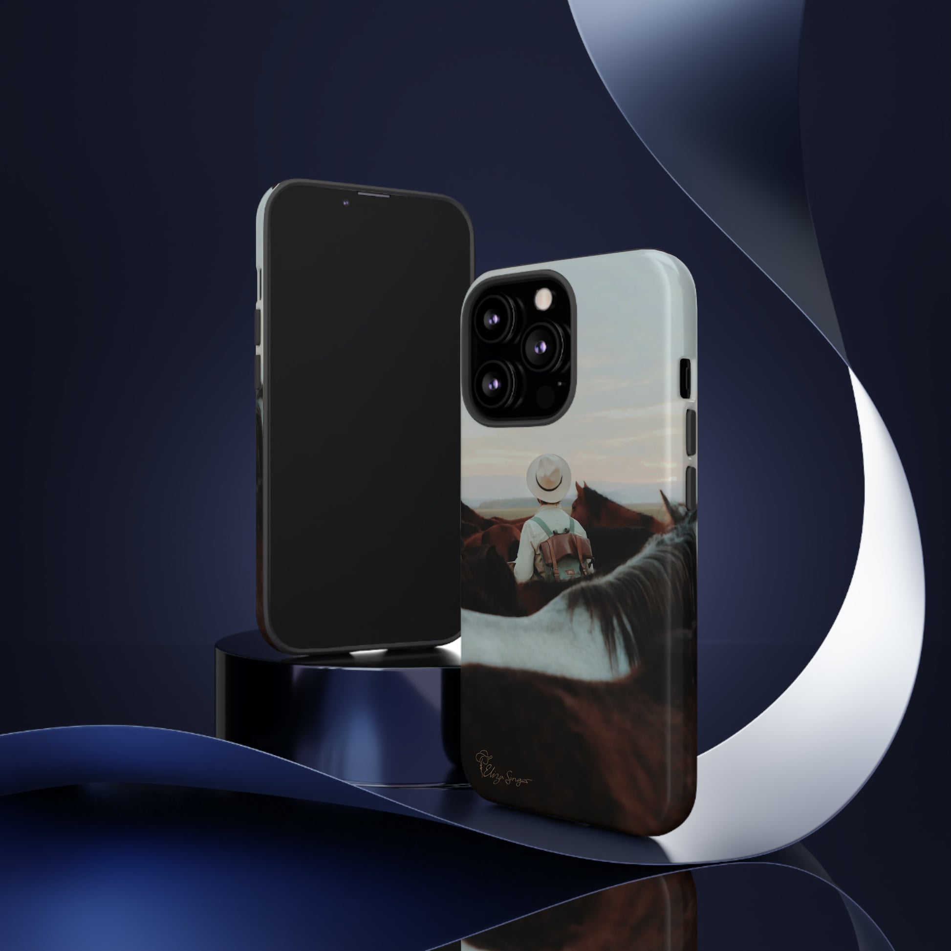 Ride into the Wild: Horse Art Western Photo Yellowstone Design iPhone Tough Protective Cover. Featuring a Cowboy amidst Mountains and Buckskin hues. Compatible with iPhone 15, 14, 13, XS, XR Pro/Max/Mini/P/Plus. Embrace the Spirit of the West with Style and Durability. #ElizaSinger #PhoneCase #WesternDesign