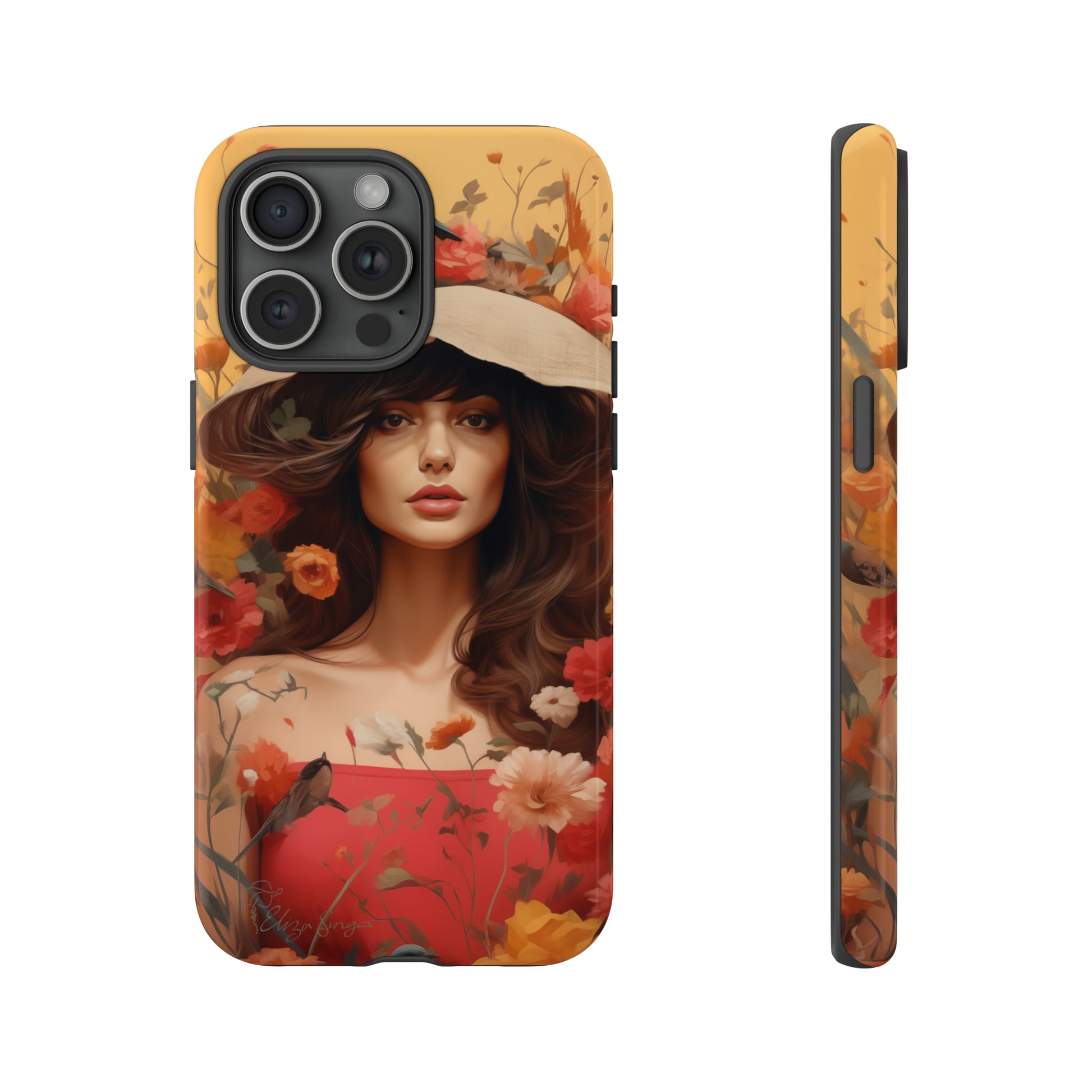 Bask in Sunshine: Embrace the warmth with our Tough Cell Phone Case. A yellow backdrop and a woman in a hat surrounded by flowers create a radiant design. Experience the perfect blend of style and protection, bringing sunshine into your everyday. Elevate your phone with a burst of brightness. #ElizaSinger #PhoneCase #SunshineRadiance