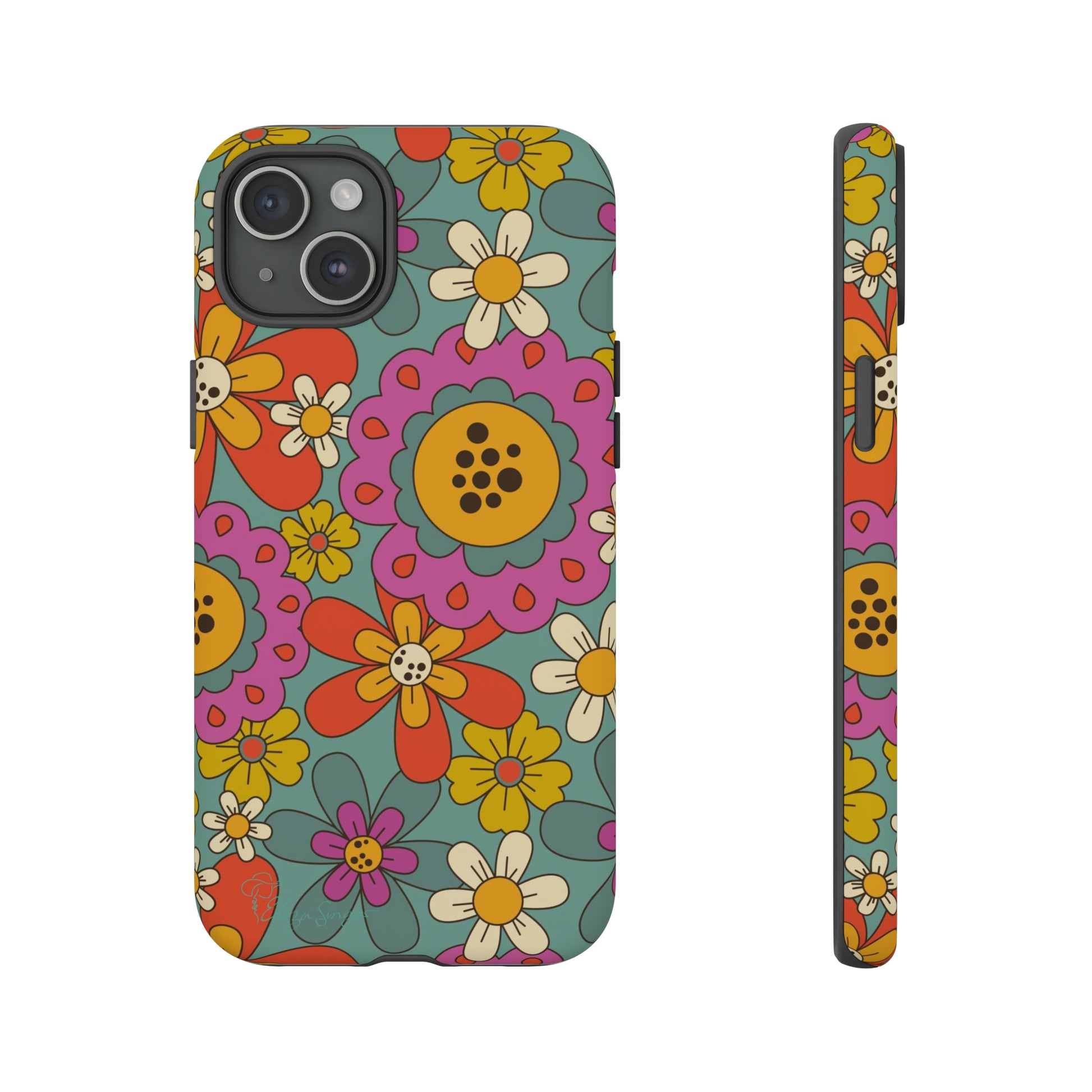 Step into the Groove: Groovy Hippie Hippy Design iPhone Tough Protective Cover. A nod to the 60's with Daisy Design in Turquoise and Pink. Compatible with iPhone 15, 14, 13, XS, XR Pro/Max/Mini/P/Plus. Embrace Retro Vibes with Style and Durability. #ElizaSinger #PhoneCase #GroovyDesign 