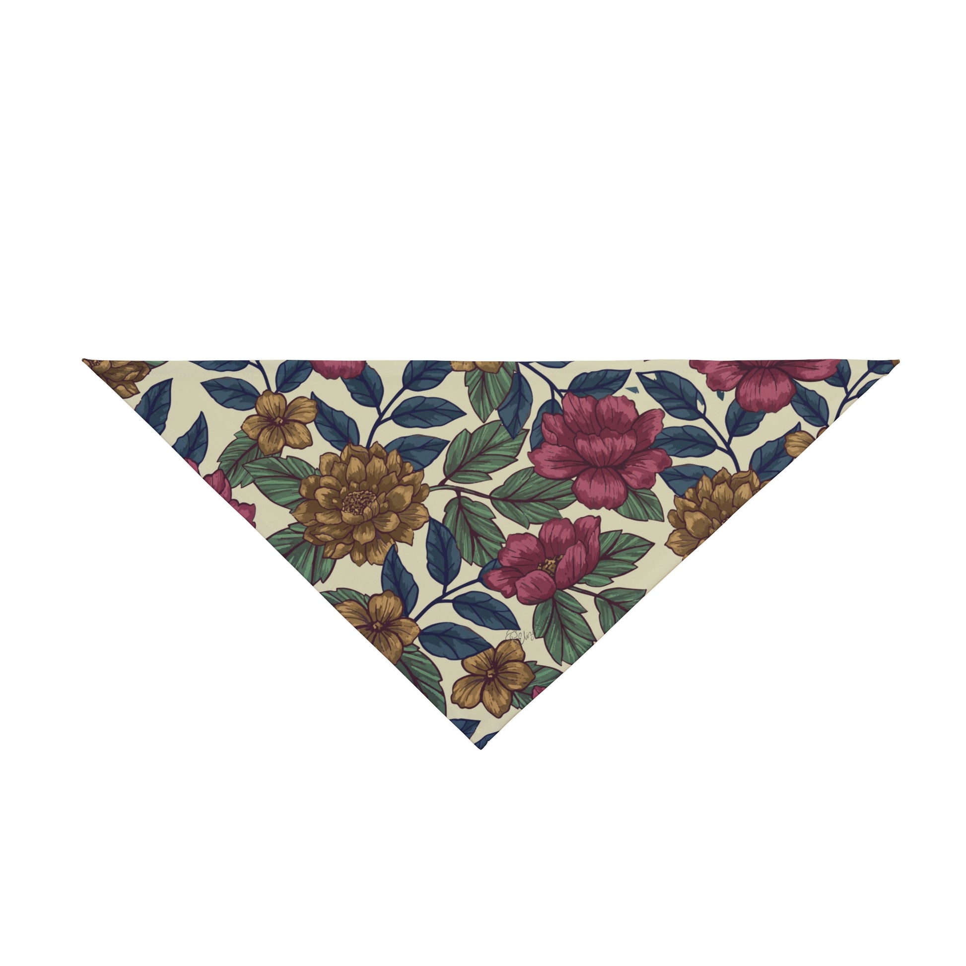 Transport your pup to a bygone era with our Vintage Charm Dog Bandana/Wild Rag. The vintage floral pattern on a mustard, burgundy, sand background with navy elements exudes timeless elegance. Crafted from soft-spun polyester, this wild rag ensures comfort and style. Elevate your dog's look with this exclusive design, available only at Eliza Singer. 