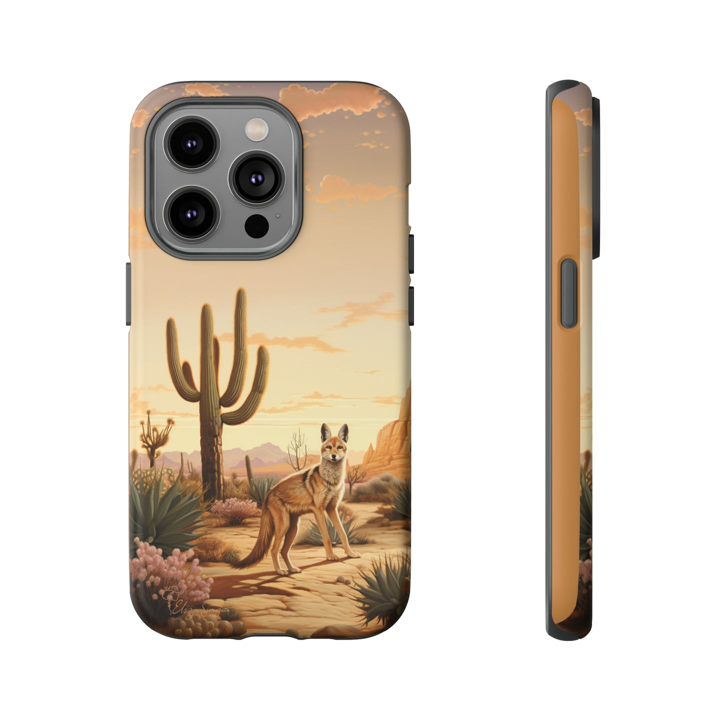 Unveiling our Western Tough Cell Phone Case: Dusk Jackal Oasis Edition! Witness the beauty of dusk with a jackal in a desert landscape next to a cactus. This design offers both rugged protection and a touch of twilight elegance.