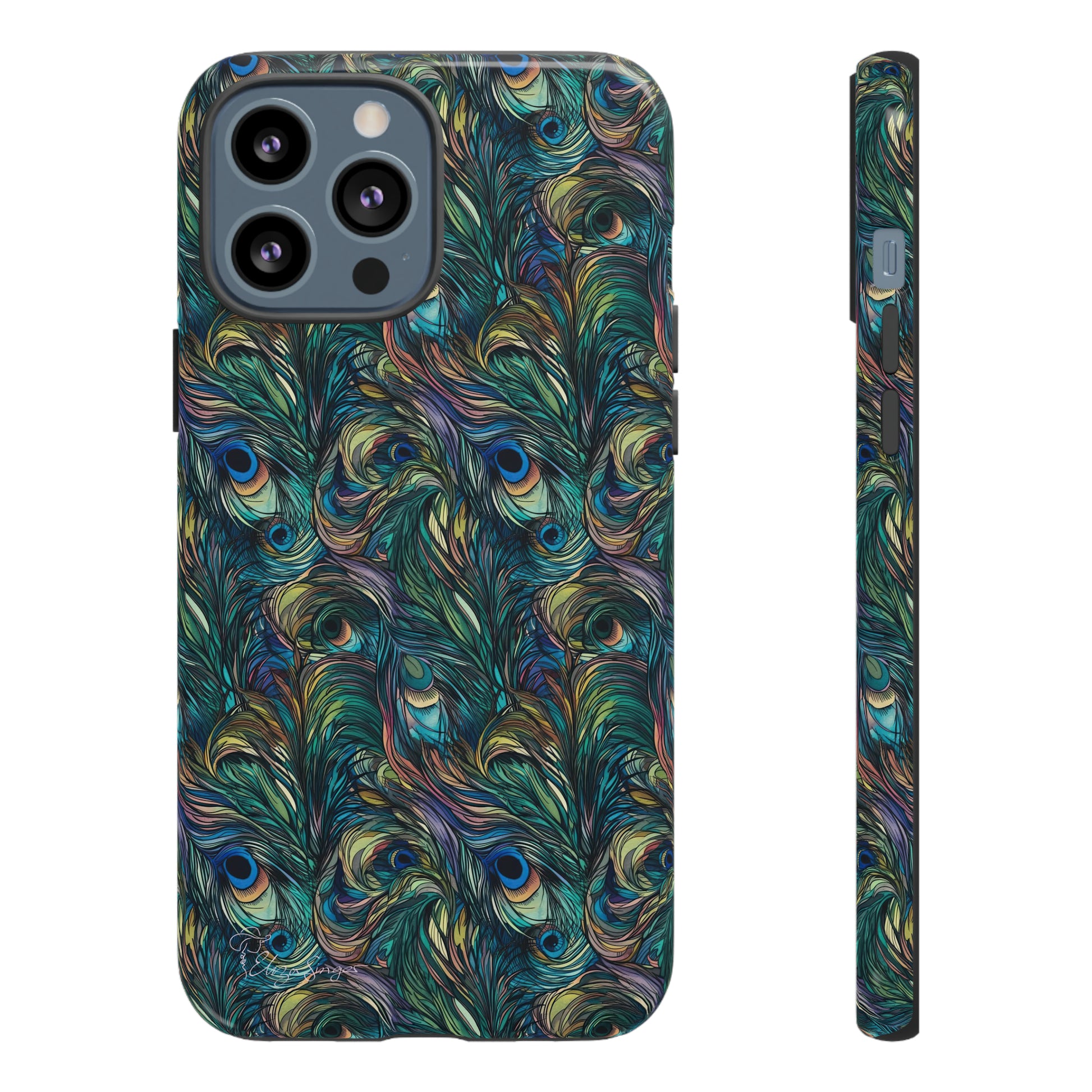 Feathered Elegance: Boho Feather Peacock Vibrant Art iPhone Tough Protective Cover. Adorned with Turquoise Feathers, compatible with iPhone 15, 14, 13, XS, XR Pro/Max/Mini/P/Plus. Embrace Bohemian Vibes with Style and Durability. #ElizaSinger #PhoneCase #BohoFeathers