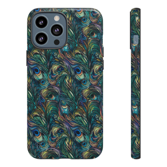 Feathered Elegance: Boho Feather Peacock Vibrant Art iPhone Tough Protective Cover. Adorned with Turquoise Feathers, compatible with iPhone 15, 14, 13, XS, XR Pro/Max/Mini/P/Plus. Embrace Bohemian Vibes with Style and Durability. #ElizaSinger #PhoneCase #BohoFeathers