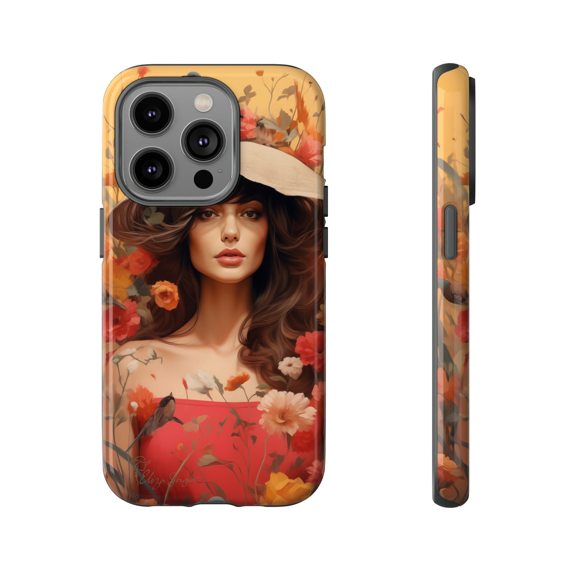 Bask in Sunshine: Embrace the warmth with our Tough Cell Phone Case. A yellow backdrop and a woman in a hat surrounded by flowers create a radiant design. Experience the perfect blend of style and protection, bringing sunshine into your everyday. Elevate your phone with a burst of brightness. #ElizaSinger #PhoneCase #SunshineRadiance
