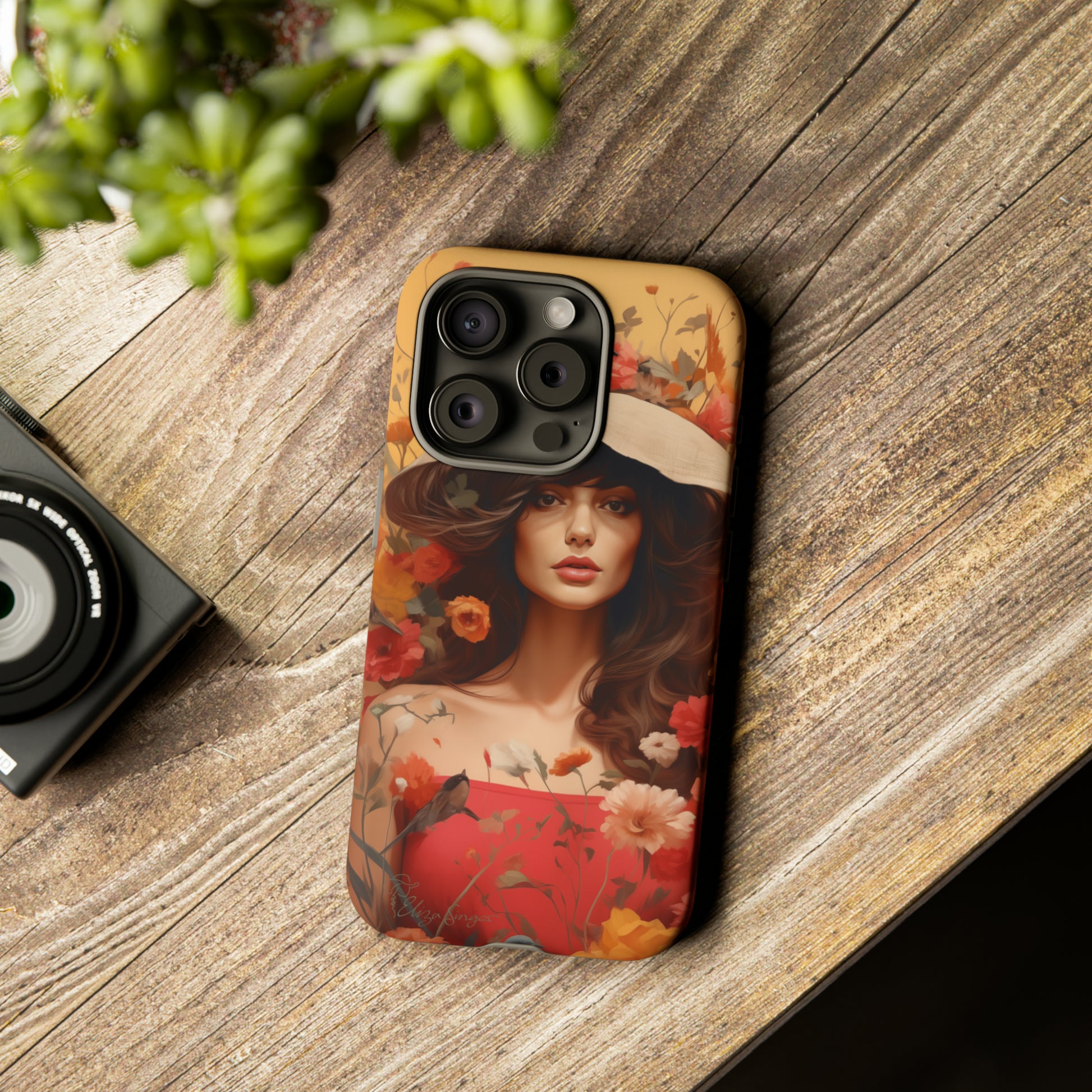 Bask in Sunshine: Embrace the warmth with our Tough Cell Phone Case. A yellow backdrop and a woman in a hat surrounded by flowers create a radiant design. Experience the perfect blend of style and protection, bringing sunshine into your everyday. Elevate your phone with a burst of brightness. #ElizaSinger #PhoneCase #SunshineRadiance