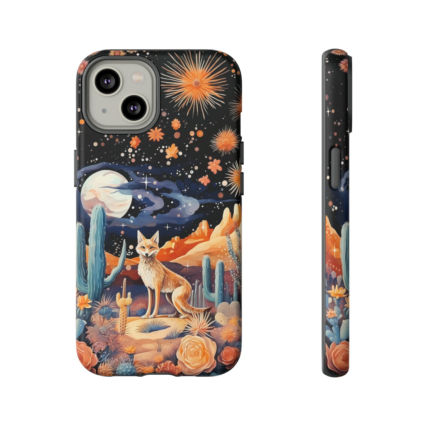 Introducing our Tough Western Cell Phone Case: Midnight Mirage Jackal Edition! Dive into the mysterious desert night with a striking depiction of a jackal, cacti, and a starry sky. This design offers the ideal combination of durability and desert charm.