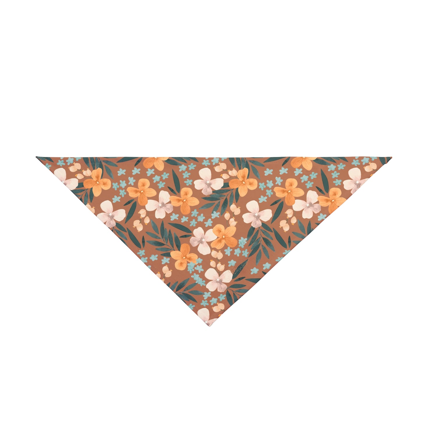 Embrace the beauty of fall with our Autumn Bloom Dog Bandana/Wild Rag. The brown background adorned with painted daisy-style flowers in orange, beige, blue, and green adds a touch of warmth to your pup's ensemble. Crafted from soft-spun polyester, this wild rag ensures comfort and style during every outdoor escapade. Available exclusively at Eliza Singer.