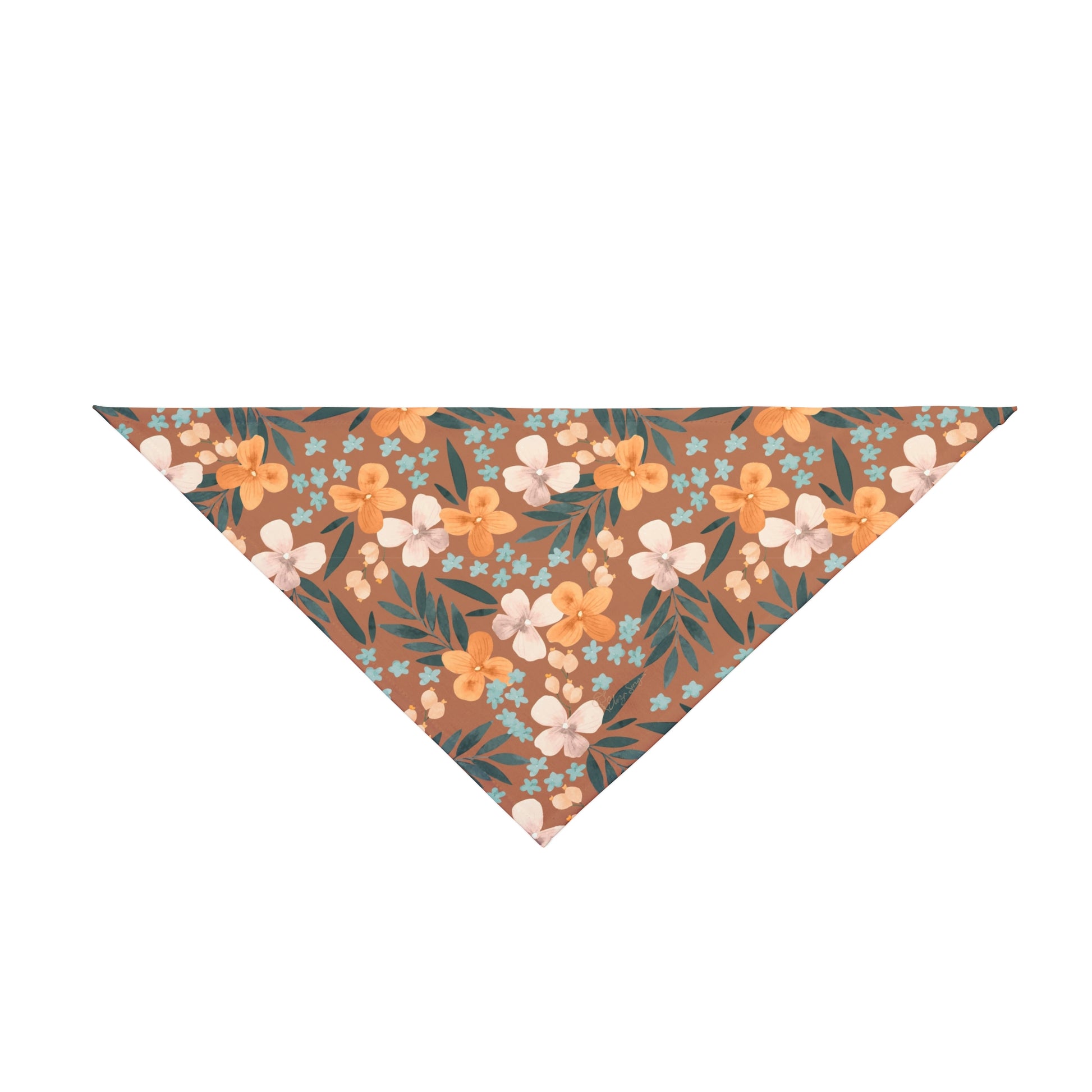 Embrace the beauty of fall with our Autumn Bloom Dog Bandana/Wild Rag. The brown background adorned with painted daisy-style flowers in orange, beige, blue, and green adds a touch of warmth to your pup's ensemble. Crafted from soft-spun polyester, this wild rag ensures comfort and style during every outdoor escapade. Available exclusively at Eliza Singer.