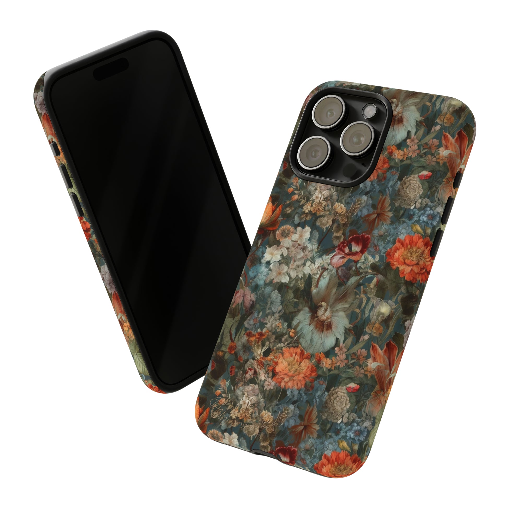 Blooms in Shadows: Botany Floral Dark Flowers iPhone Tough Protective Cover. A captivating blend of Flowers in muted colors, compatible with iPhone 15, 14, 13, XS, XR Pro/Max/Mini/P/Plus. Unleash Nature's Elegance with Durability and Style. #ElizaSinger #PhoneCase #FloralDesign