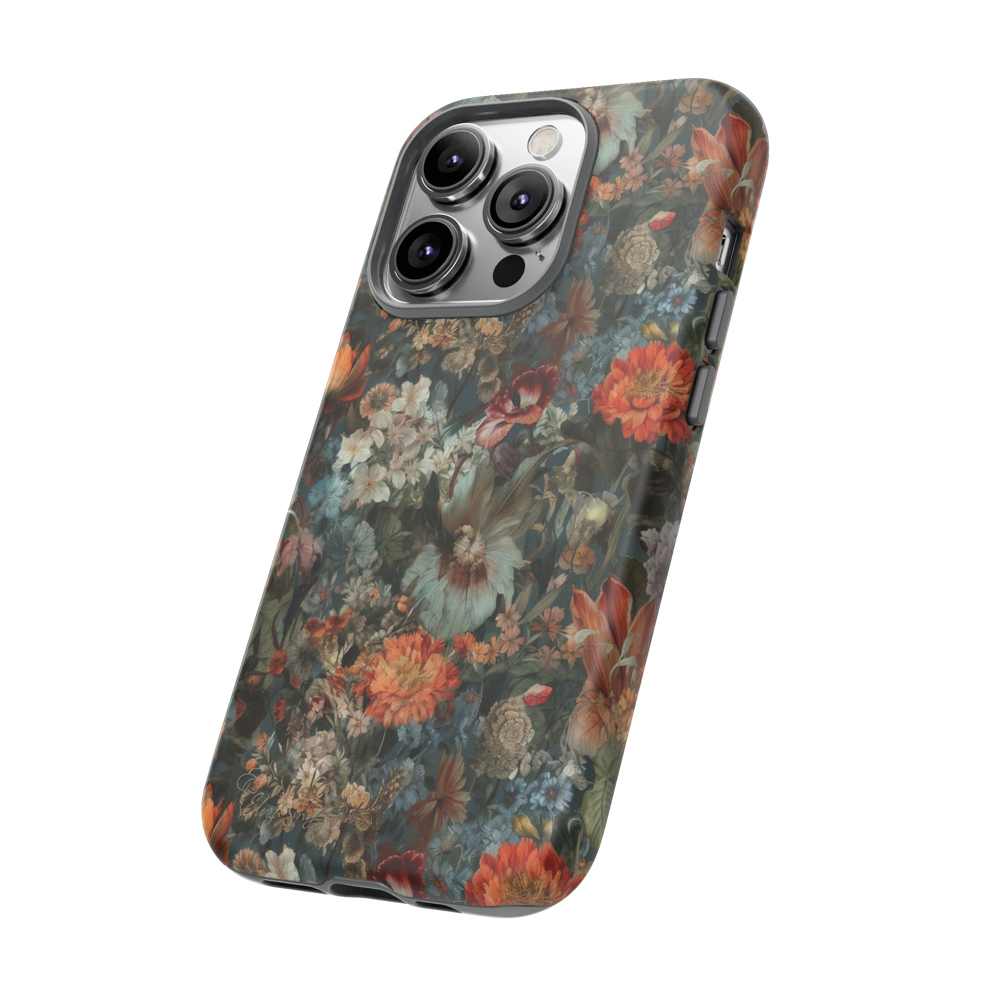 Blooms in Shadows: Botany Floral Dark Flowers iPhone Tough Protective Cover. A captivating blend of Flowers in muted colors, compatible with iPhone 15, 14, 13, XS, XR Pro/Max/Mini/P/Plus. Unleash Nature's Elegance with Durability and Style. #ElizaSinger #PhoneCase #FloralDesign