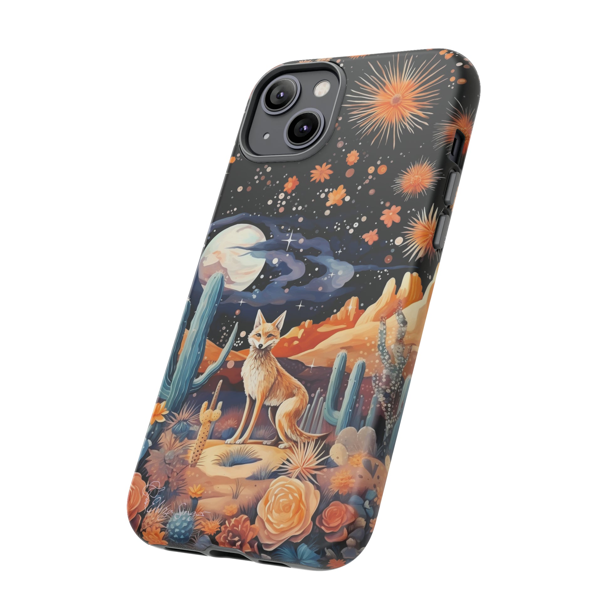 Introducing our Tough Western Cell Phone Case: Midnight Mirage Jackal Edition! Dive into the mysterious desert night with a striking depiction of a jackal, cacti, and a starry sky. This design offers the ideal combination of durability and desert charm.
