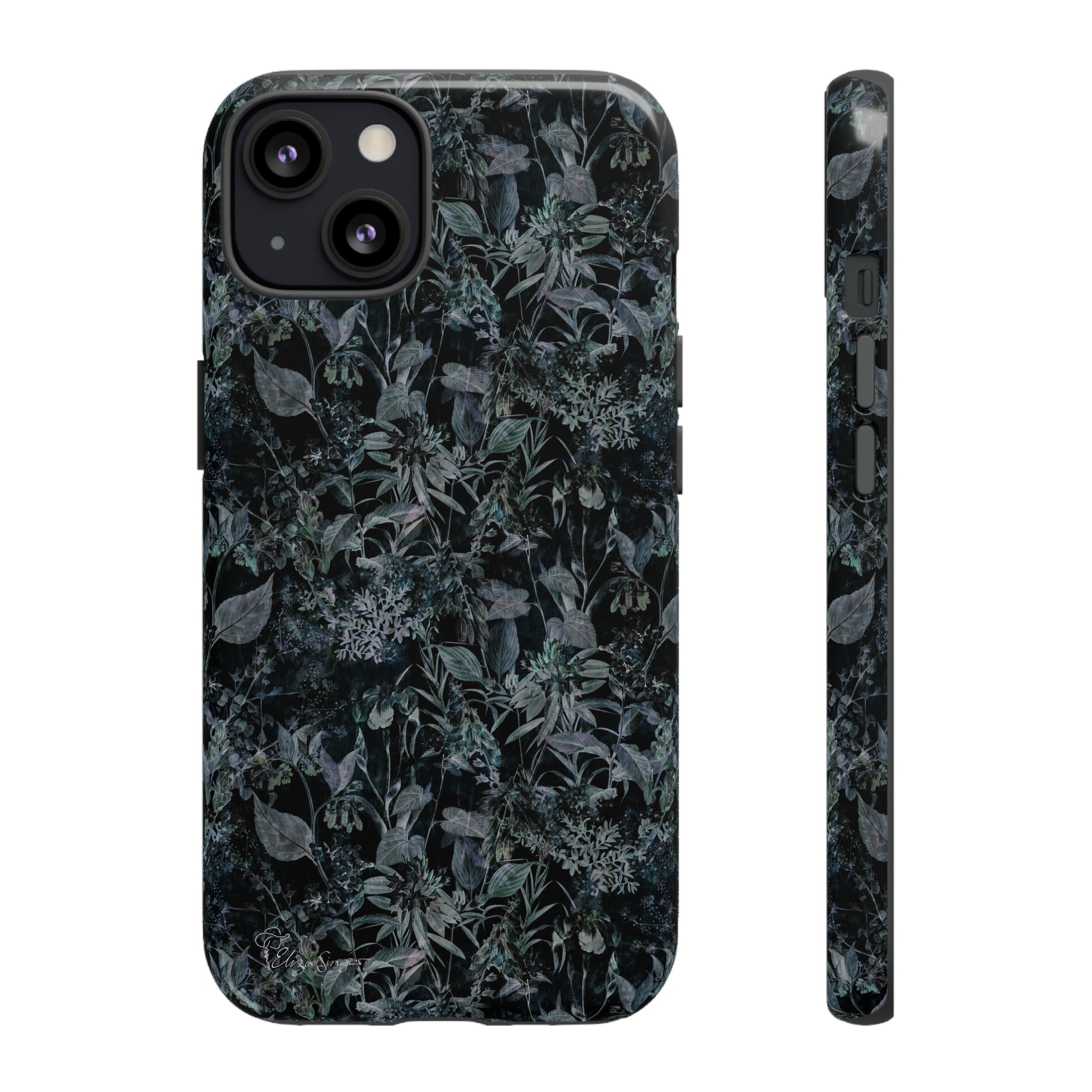 Blossom in Style: Botany Floral Dark Flowers Blue Denim iPhone Tough Protective Cover. This case features a Flower and Muted Grey Design, compatible with iPhone 15, 14, 13, XS, XR Pro/Max/Mini/P/Plus. Unleash Nature's Beauty with Style and Durability. #ElizaSinger #PhoneCase #FloralDesign