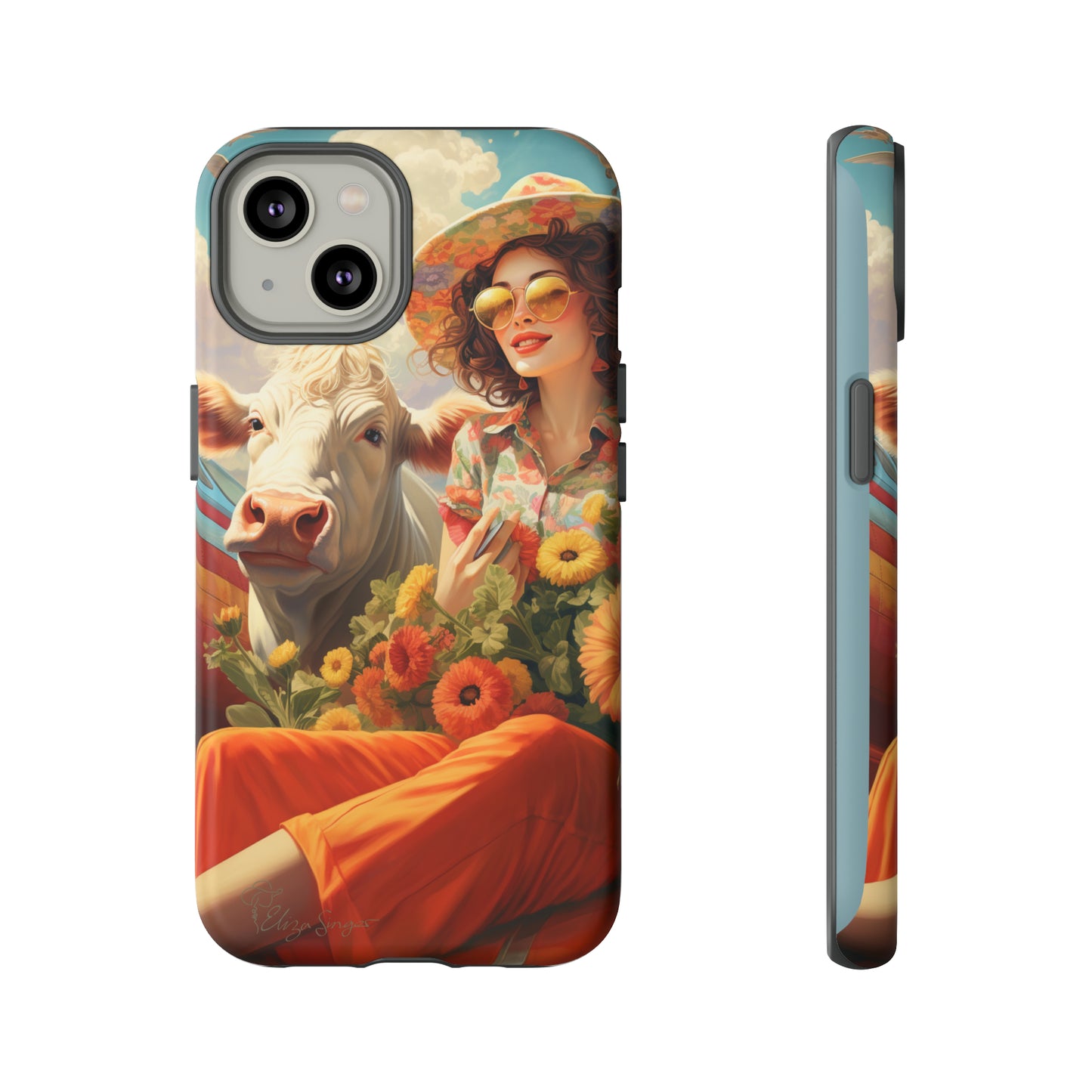 Timeless Retro Charm: Step back in time with our Tough Western Cell Phone Case. Featuring a vintage and bright design, a woman in a hat with daisies is accompanied by a cow looking over her shoulder. Experience the perfect blend of retro aesthetics and durability. Elevate your style with a touch of nostalgia. #ElizaSinger #PhoneCase #RetroStyle 