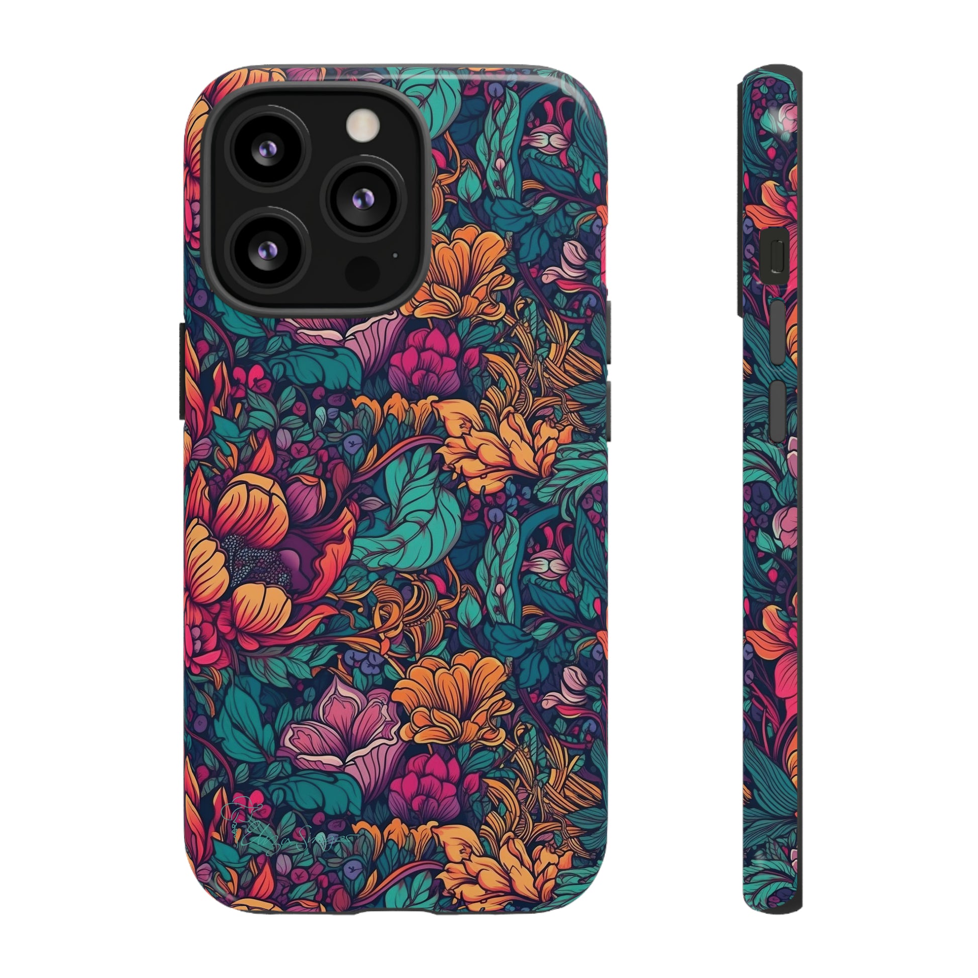 Vibrant Boho Blossoms: iPhone Tough Protective Cover. Featuring a bright abstract floral design, this case adds a touch of Bohemian flair. Compatible with iPhone 15, 14, 13, XS, XR Pro/Max/Mini/P/Plus. Embrace Boho Chic with Style and Durability. #ElizaSinger #PhoneCase #FloralDesign